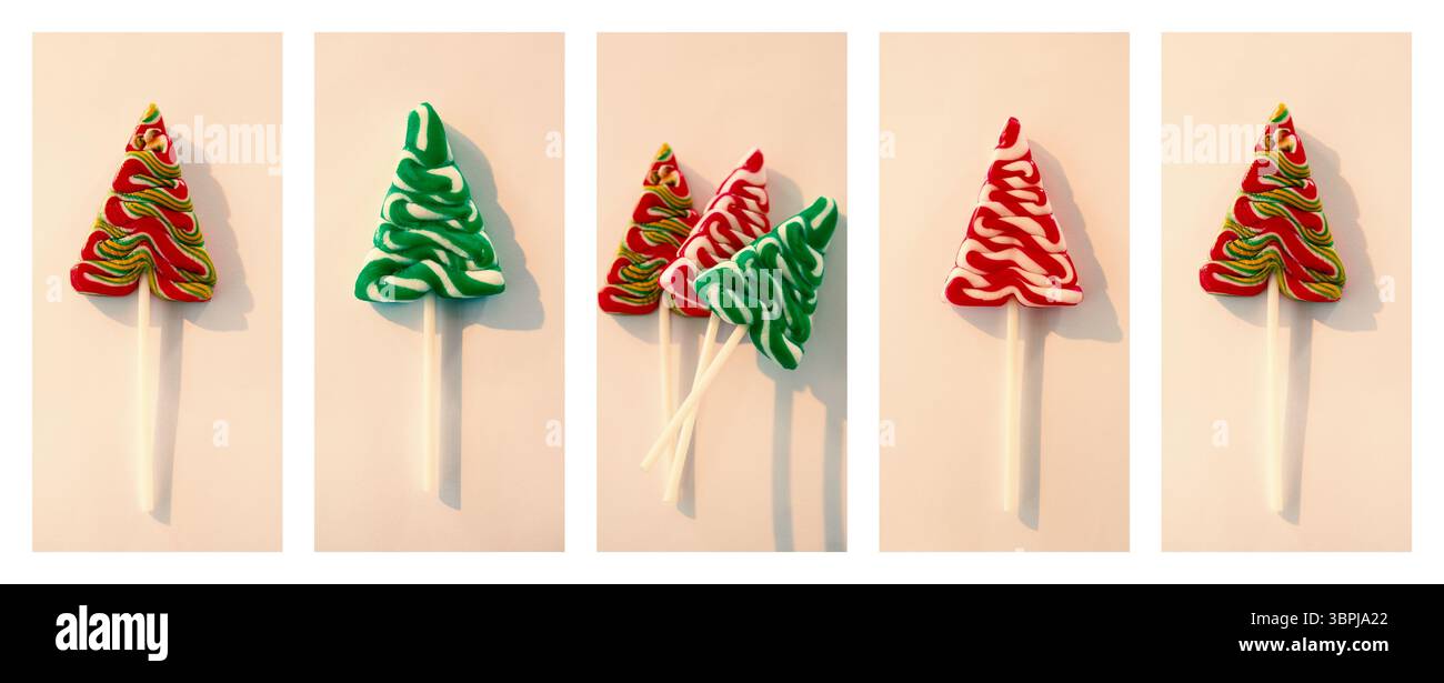 Présentation d'un panneau plat montrant des sucettes de sapin de Noël avec bonbons rouges, verts et blancs tourbillonnants Banque D'Images