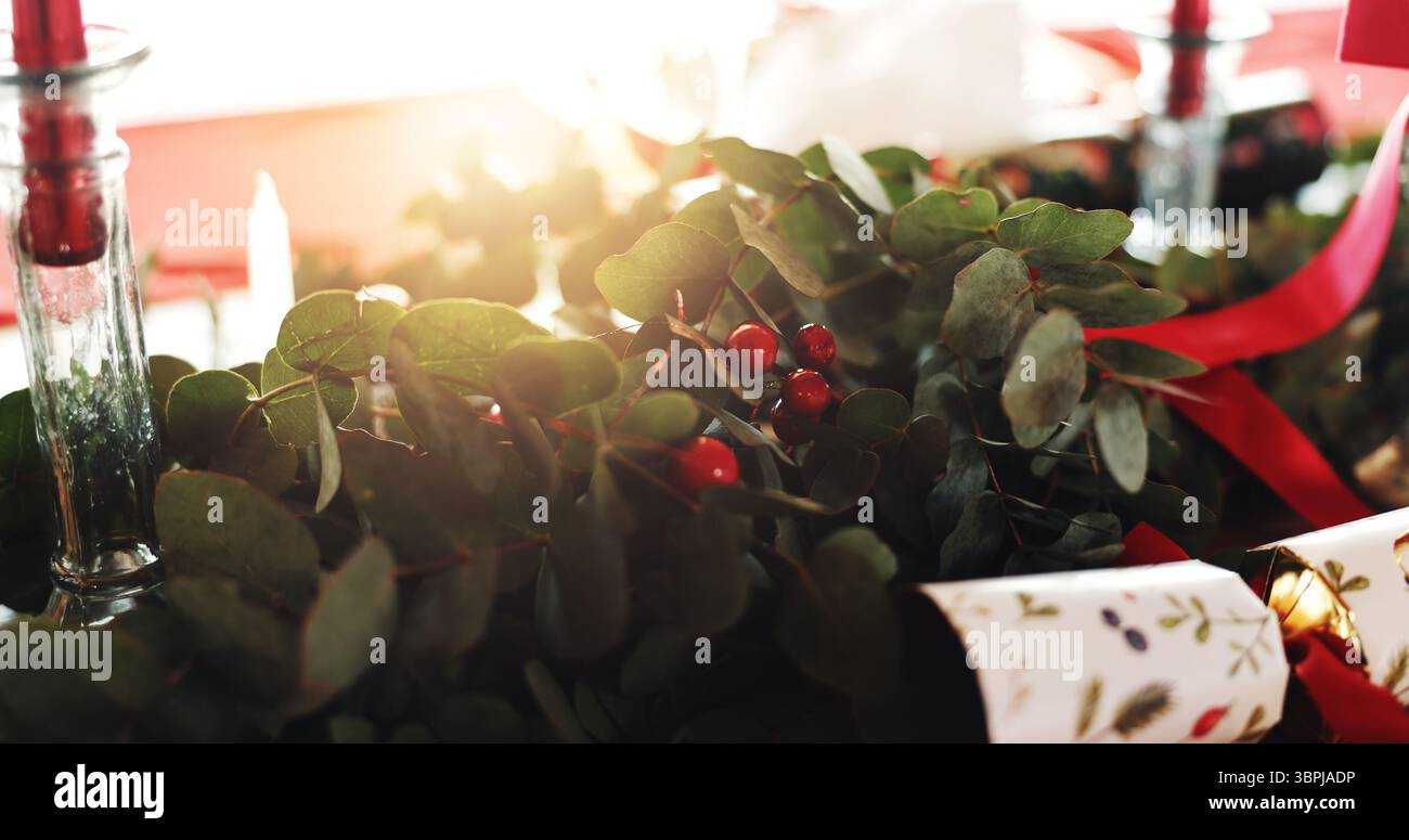 Noël, décorations et plantes sur table dans la salle à manger de la maison pour la célébration festive, événement ou déjeuner. Noël saison, tradition et design floral pour Banque D'Images