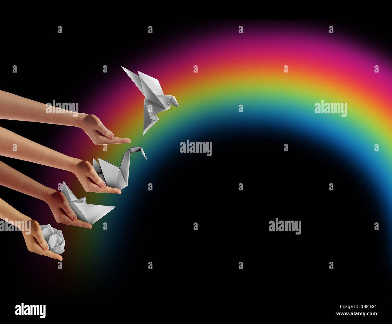Pouvoir de créativité comme sculptures en papier origami représentant le développement des affaires et la réussite de la formation ou l'inspiration pour aspirer et évoluer ou transfor Banque D'Images