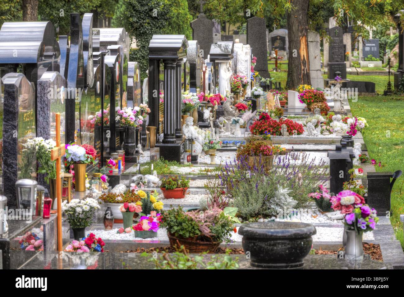 Pierres tombales colorées avec de nombreuses fleurs et des noms non identifiables en vue oblique avec une perspective de point de fuite au centre de Vienne ce Banque D'Images