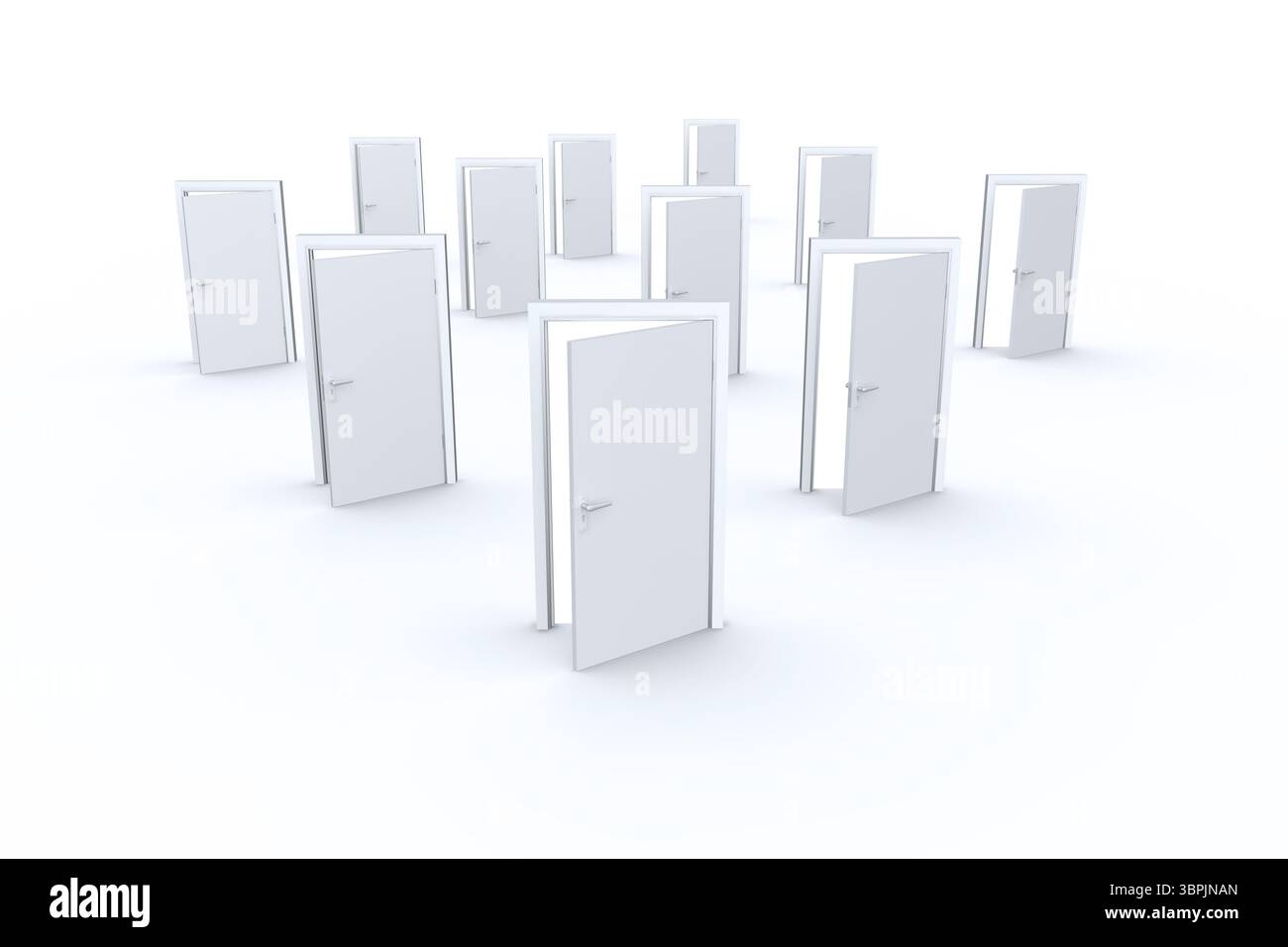 La porte blanche centrale unique s'ouvre légèrement sur le vide blanc dans un design plat avec des poignées argentées Banque D'Images
