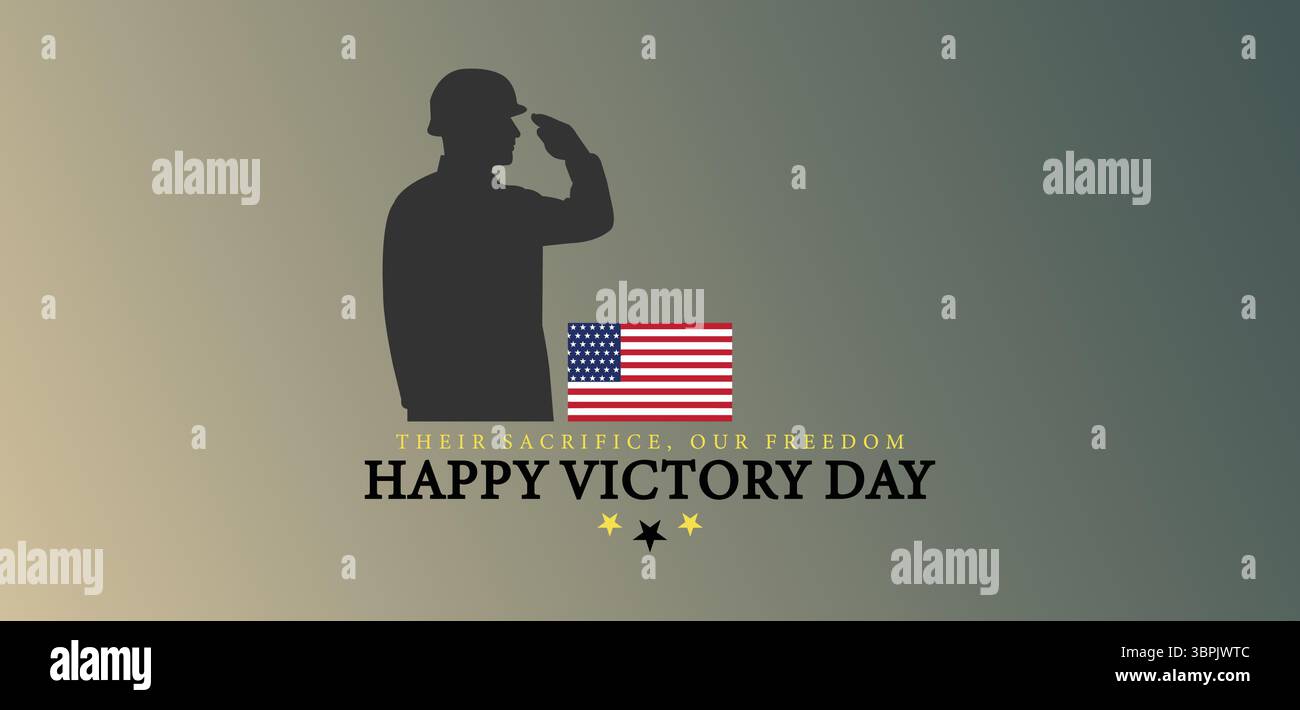 Bannière Silhouette Soldier Victory Day avec drapeau américain et étoiles Illustration de Vecteur