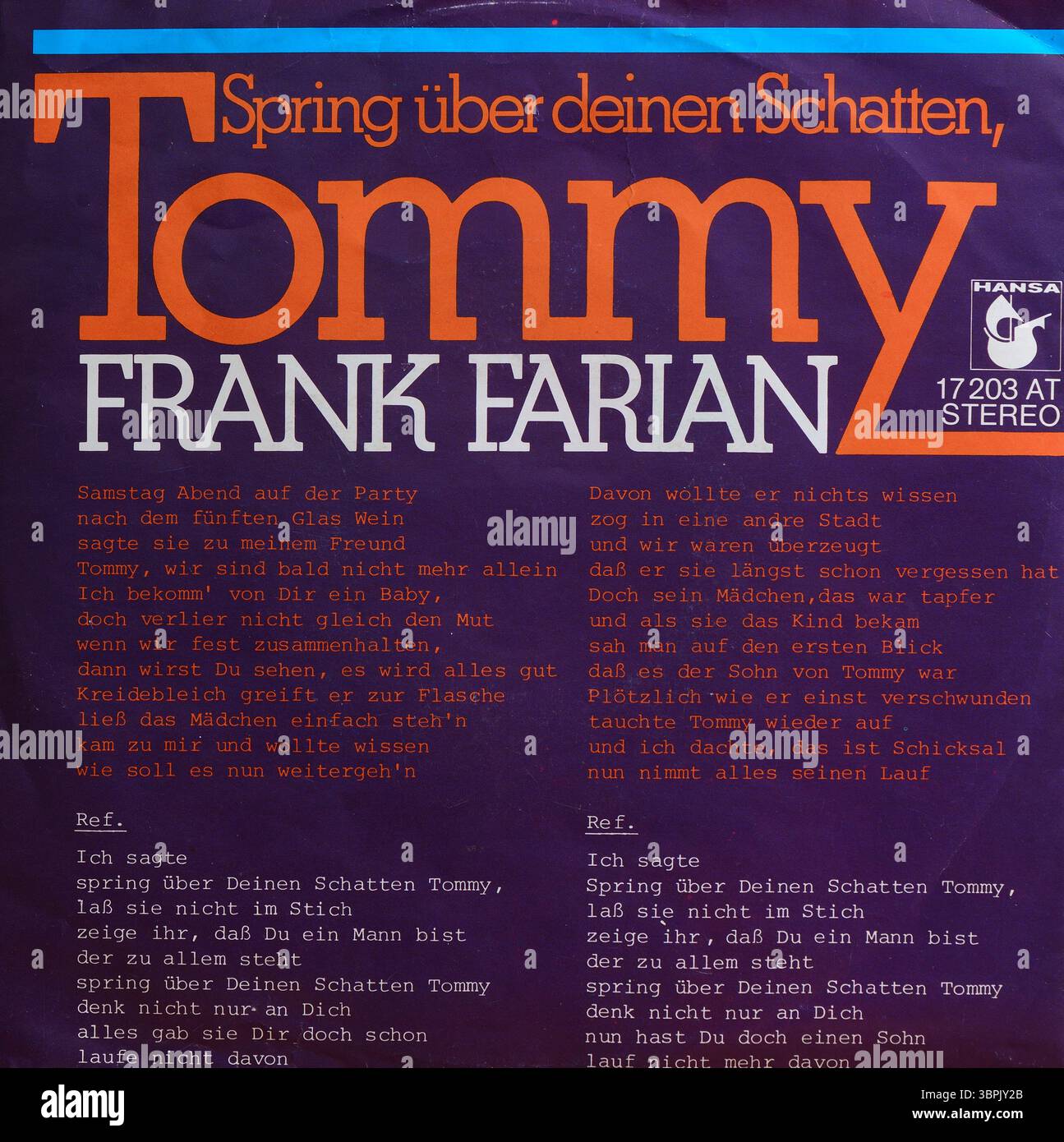 Vinyle simple vintage de 7', Frank Farian, Jump Over Your Shadow, Tommy, 1976 Banque D'Images