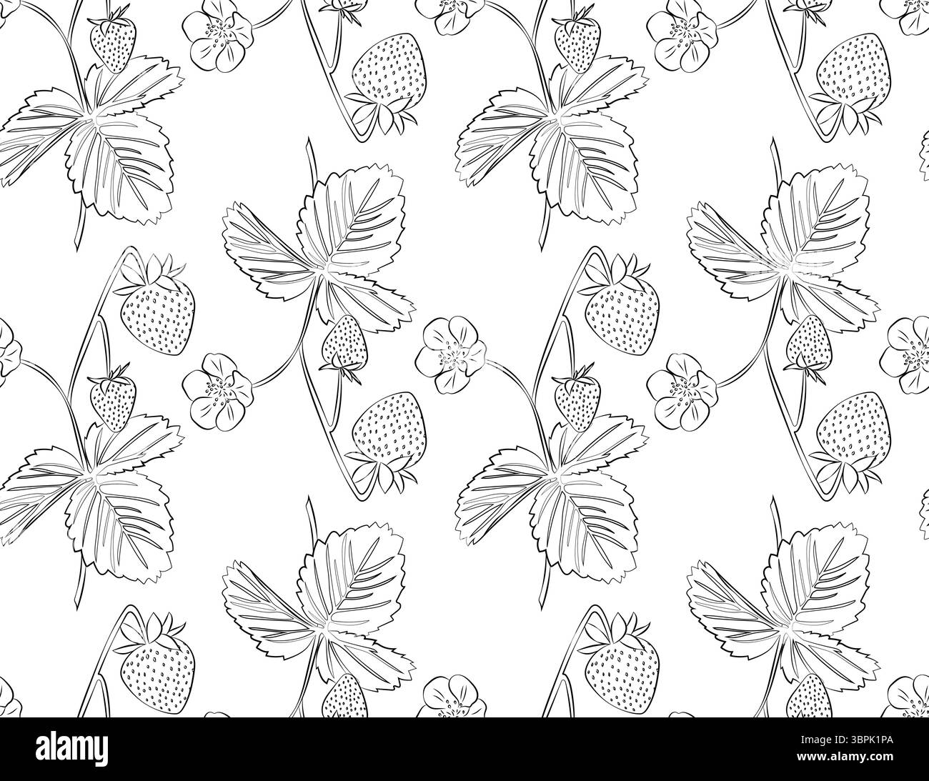 Motif sans couture de branches de fraises linéaires noires et blanches avec des baies, des feuilles et des fleurs. Idéal pour l'emballage, les arrière-plans et la conception d'objets. Illustration de Vecteur