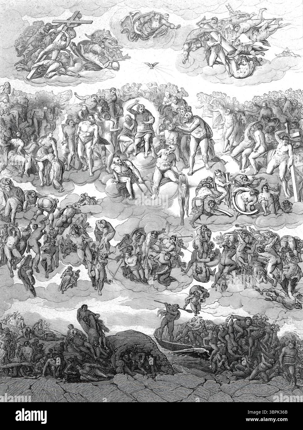 Le jugement dernier, la conception eschatologique antique ou ancien Testament des religions abrahamiques d'un jugement divin concluant des événements mondiaux, gravure sur acier d'après une peinture de Michel-Ange Buonarroti, historique, restauré numériquement reproduction d'un original du XIXe siècle Banque D'Images