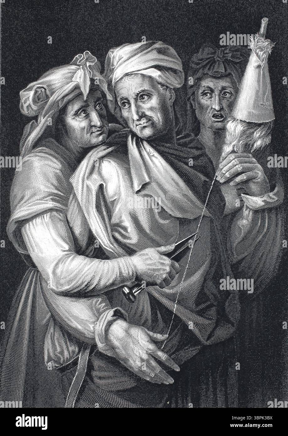 'Les Parcae, dans la mythologie romaine, sont les trois déesses du destin, correspondant aux trois Moirai de la mythologie grecque. Ils peuvent agir ensemble ou individuellement ; ensemble, ils influencent le fil de la vie. Gravure sur acier d'après une peinture de Michel-Ange. Reproduction historique, restaurée numériquement, d'un original du XIXe siècle. » Banque D'Images