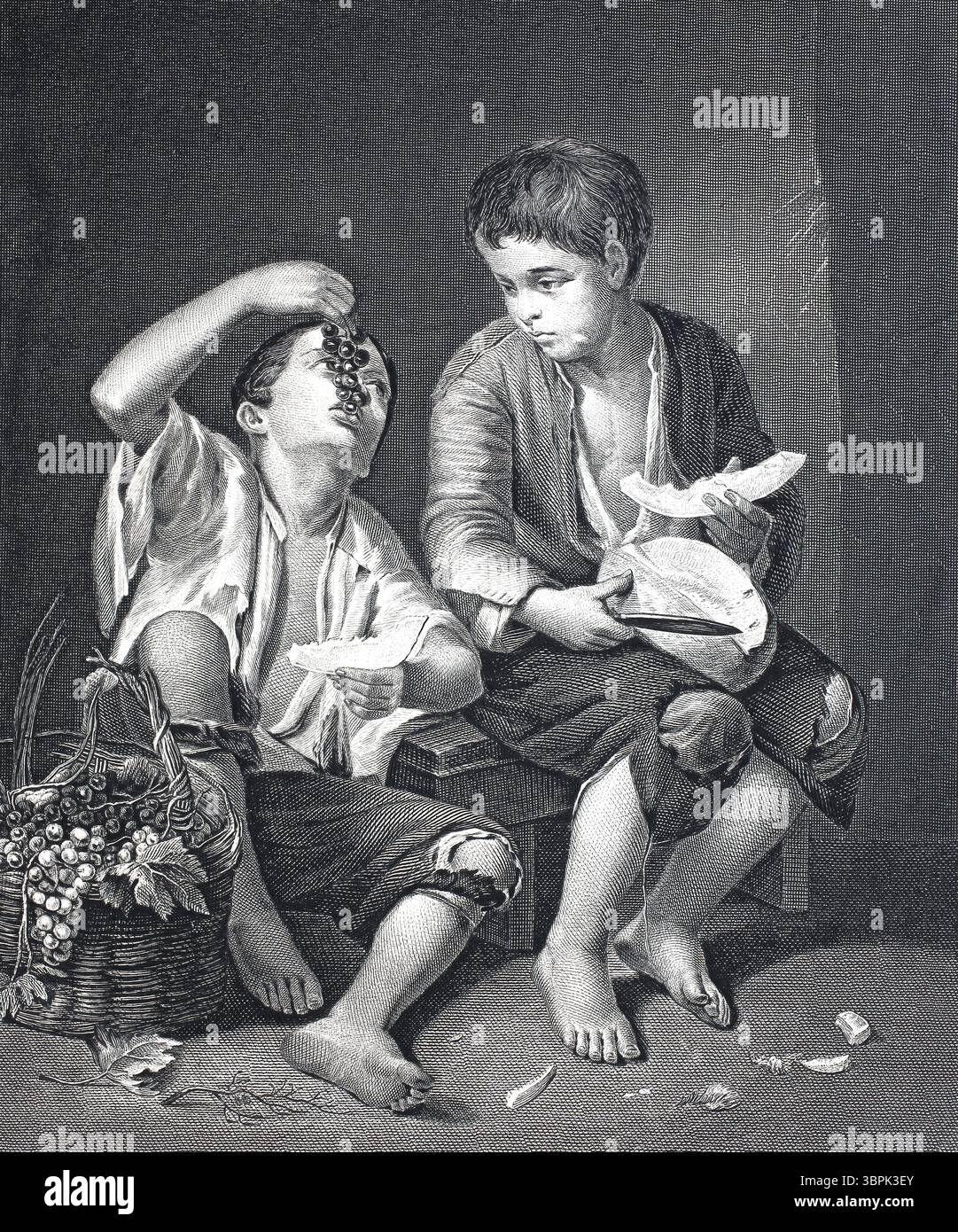 Manger des garçons, des garçons avec des raisins et du melon, fruits, gravure sur acier d'après une peinture de Bartolome Esteban Murillo, historique, restauré numériquement reproduction d'un original du 19ème siècle Banque D'Images