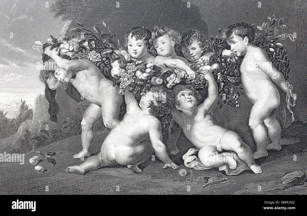 La couronne de fruits, beaucoup d'enfants jouant avec des fruits, gravure sur acier d'après une peinture de Rubens, historique, restauré numériquement reproduction d'un original du XIXe siècle Banque D'Images