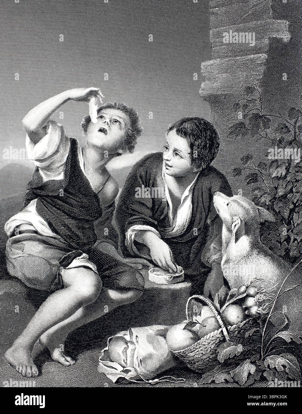 Mangeant des garçons, des garçons mangeant du melon, des fruits, gravure sur acier d'après une peinture de Bartolome Esteban Murillo, historique, restauré numériquement reproduction d'un original du 19ème siècle Banque D'Images