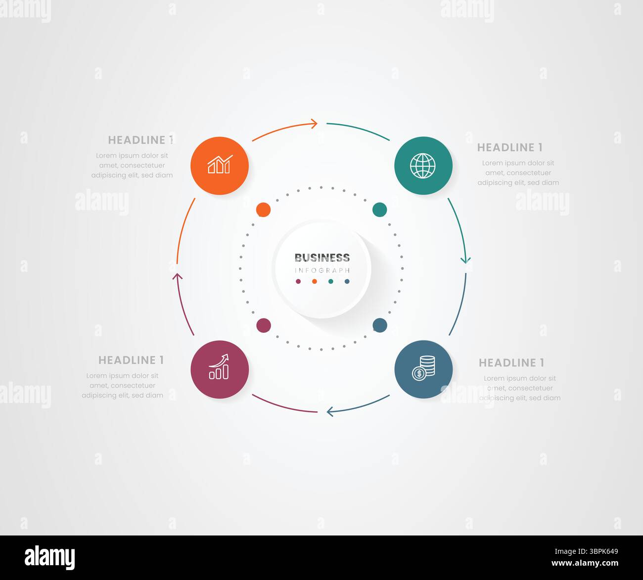 Infographie circulaire en 4 étapes – diagramme de flux de processus métier et de visualisation des données Illustration de Vecteur