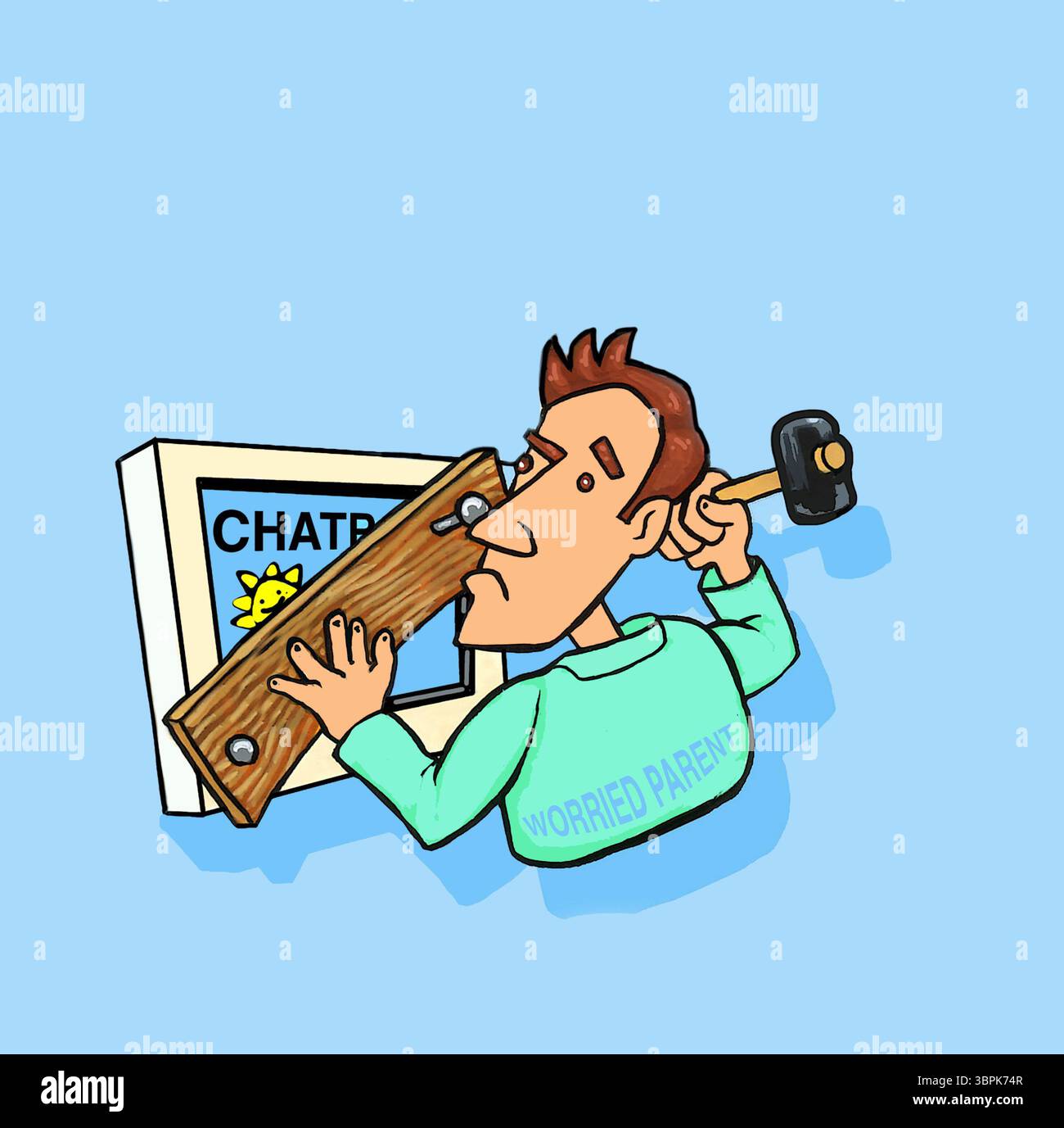Concept art inquiet parent bloquant l'accès de leur enfant aux salles de chat de chat, sécurité en ligne, intimidation en ligne garder les enfants en sécurité, communautés en ligne Banque D'Images