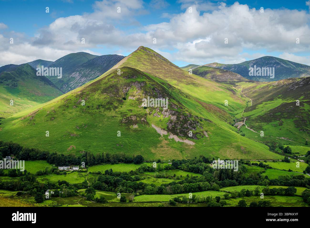 Une vue panoramique sur le Lake District s'abaisse près de Catbells, avec des fermes dispersées nichées dans la vallée luxuriante en contrebas. 2 Banque D'Images
