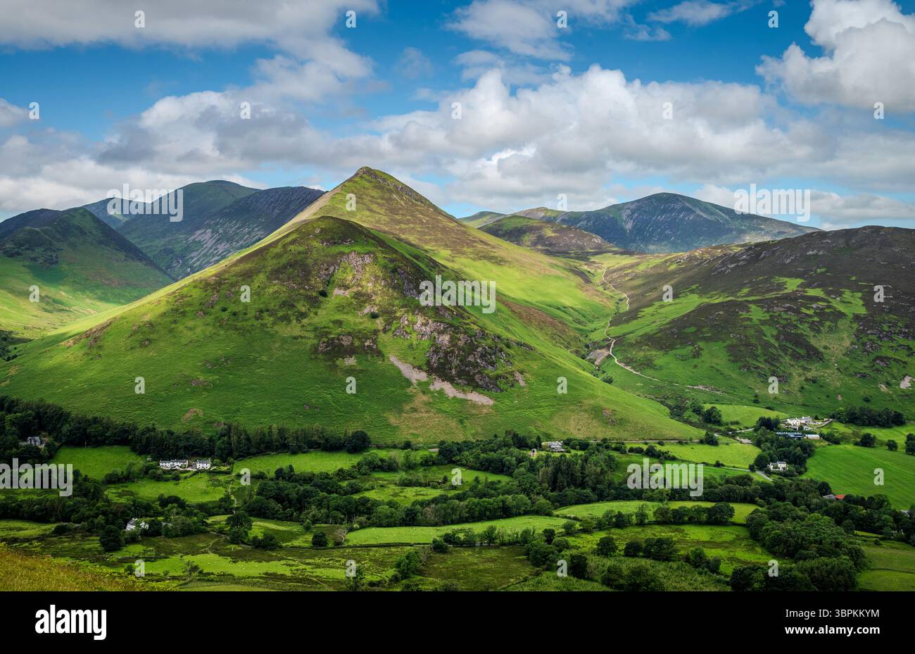 Une vue panoramique sur le Lake District s'abaisse près de Catbells, avec des fermes dispersées nichées dans la vallée luxuriante en contrebas. 1 Banque D'Images