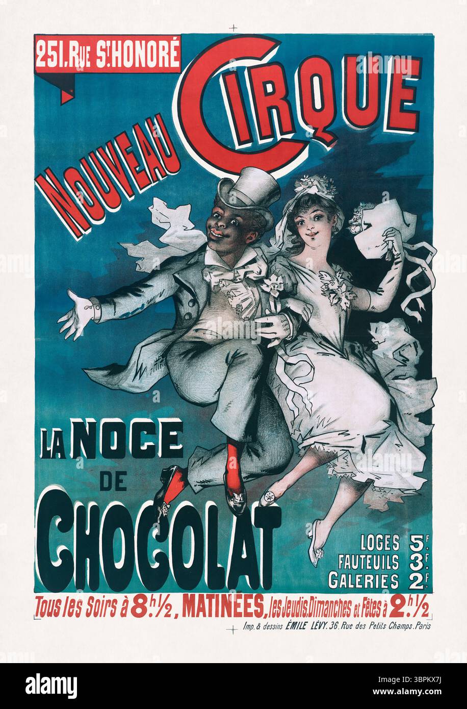 Lithographie couleur produite par Émile Lévy pour promouvoir le spectacle 'la noce de chocolat' au Nouveau Cirque. Banque D'Images
