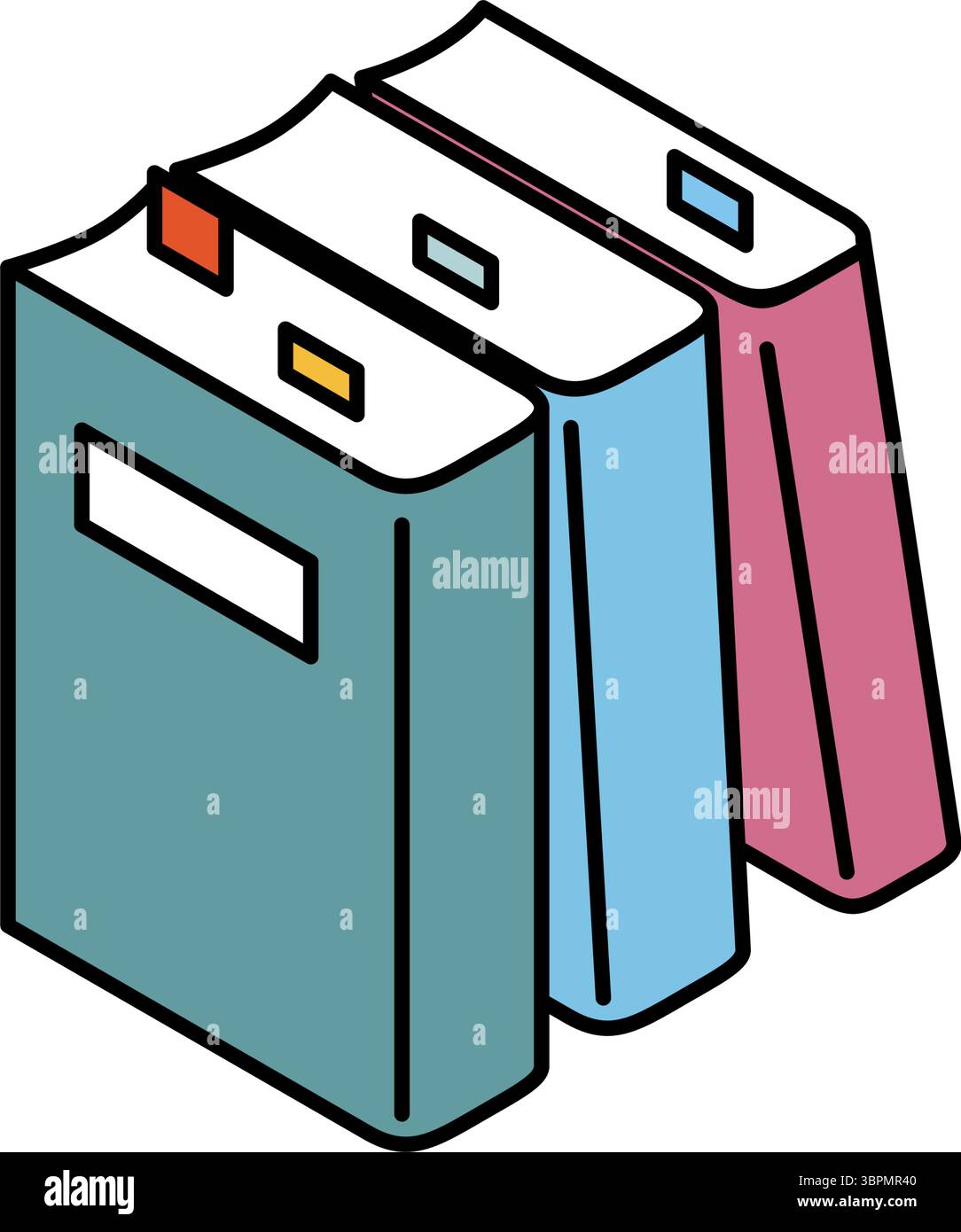 Icône de dessin au trait simple de plusieurs livres avec des notes adhésives, illustration isométrique, illustration vectorielle Illustration de Vecteur