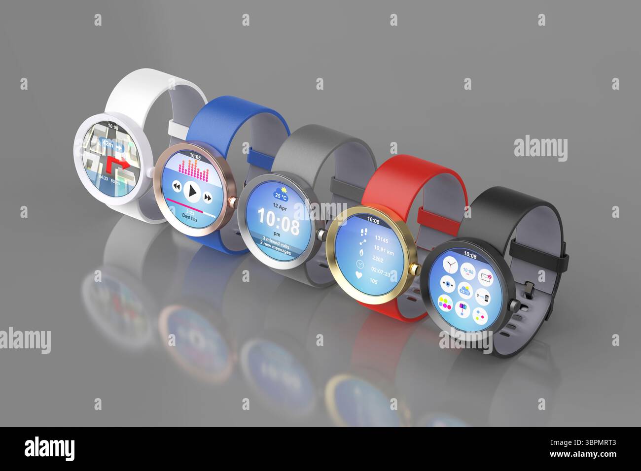 Groupe de smartwatches colorées sur fond gris brillant Banque D'Images