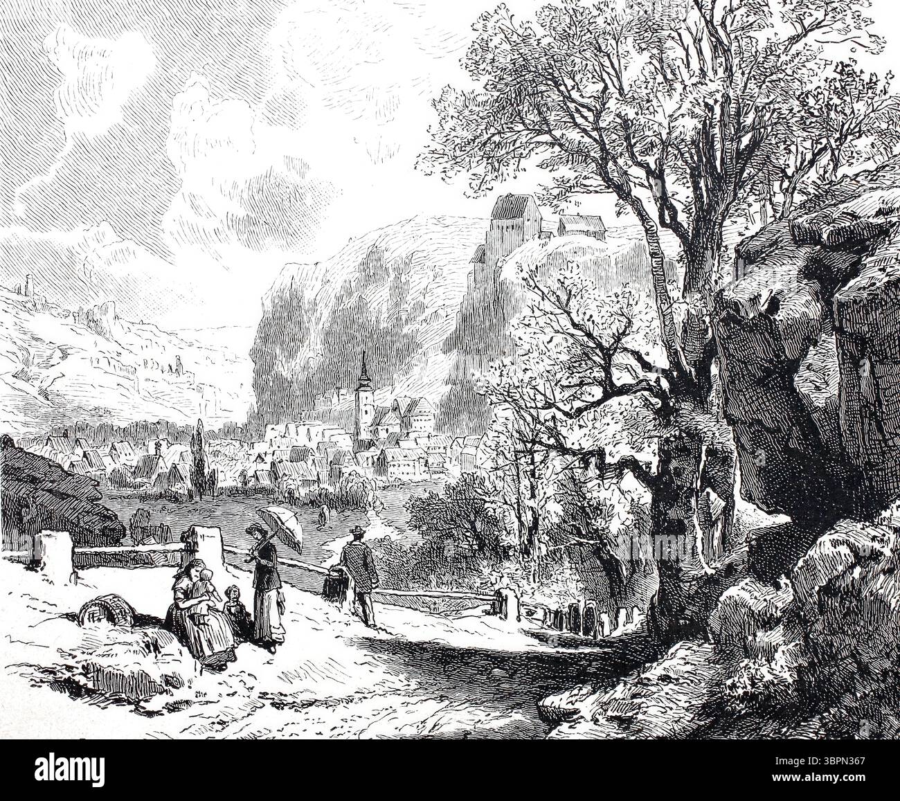 Paysage et château près de Pottenstein, Suisse franconienne, 1870, Bayreuth district, haute-Franconie, Bavière, Allemagne, historique, rehaussée numériquement d'un original du XIXe siècle Banque D'Images
