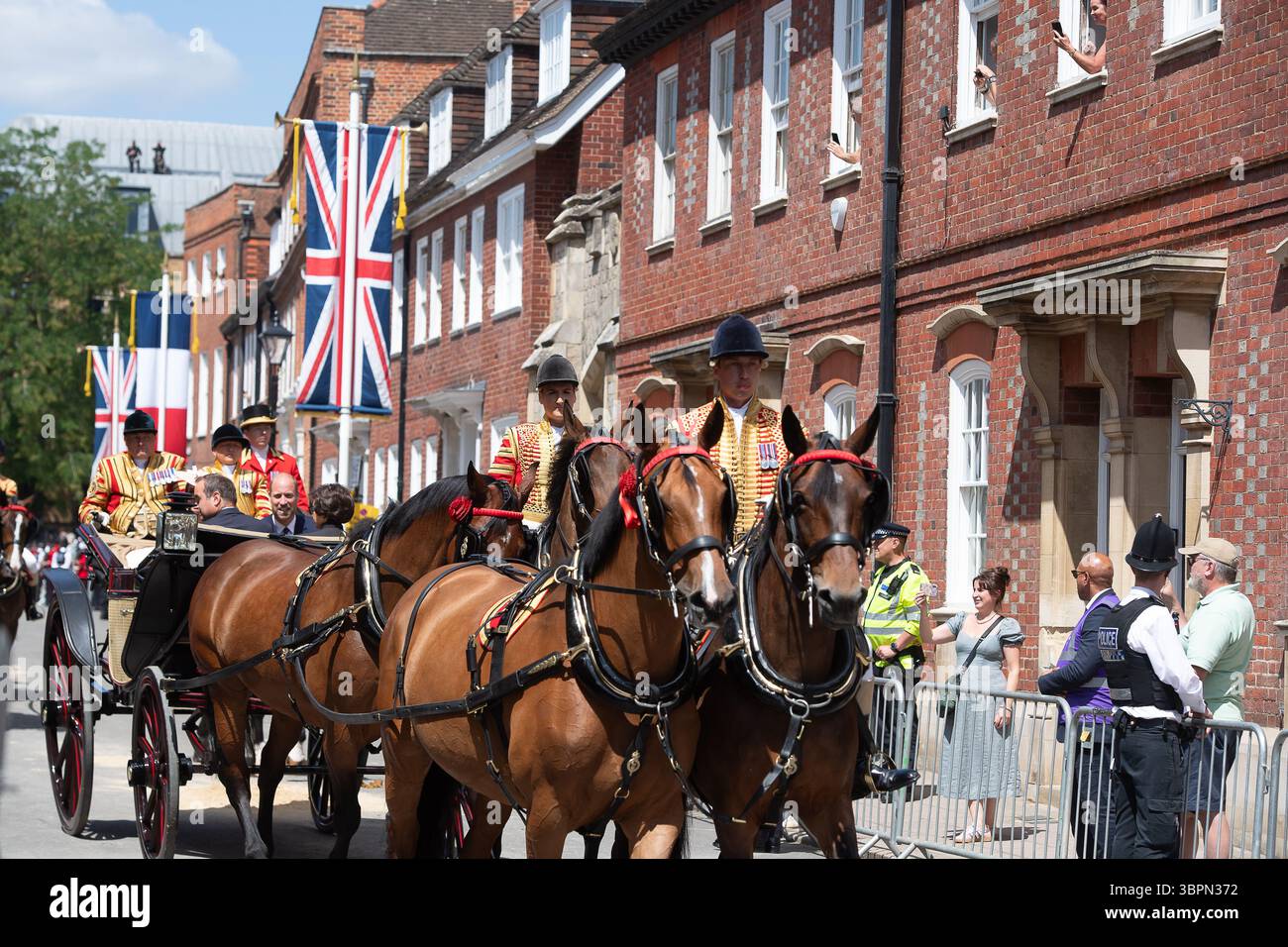 Windsor, Berkshire, Royaume-Uni. 8 juillet 2025. Cortège des chariots à Windsor, Berkshire pour la visite d'État française du président français Emmanuel Macron à Windsor, Berkshire. Crédit : Maureen McLean/Alamy Live News Banque D'Images