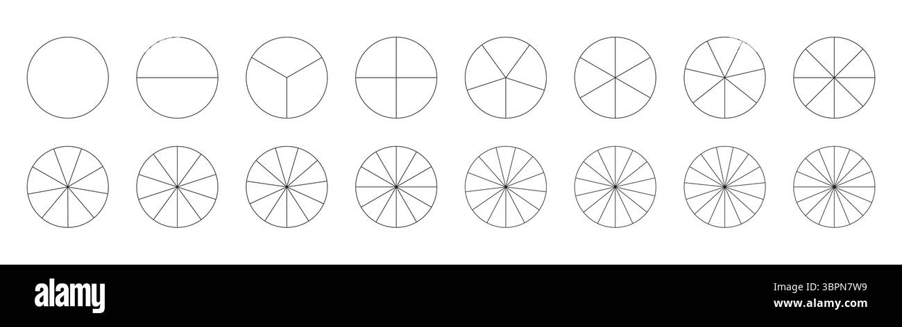 Graphiques segmentés. Modèle de tableau de pizza. Jeu de diagrammes circulaires. De nombreux secteurs divisent le cercle sur des parts égales. Infographie de la collection de segments Illustration de Vecteur