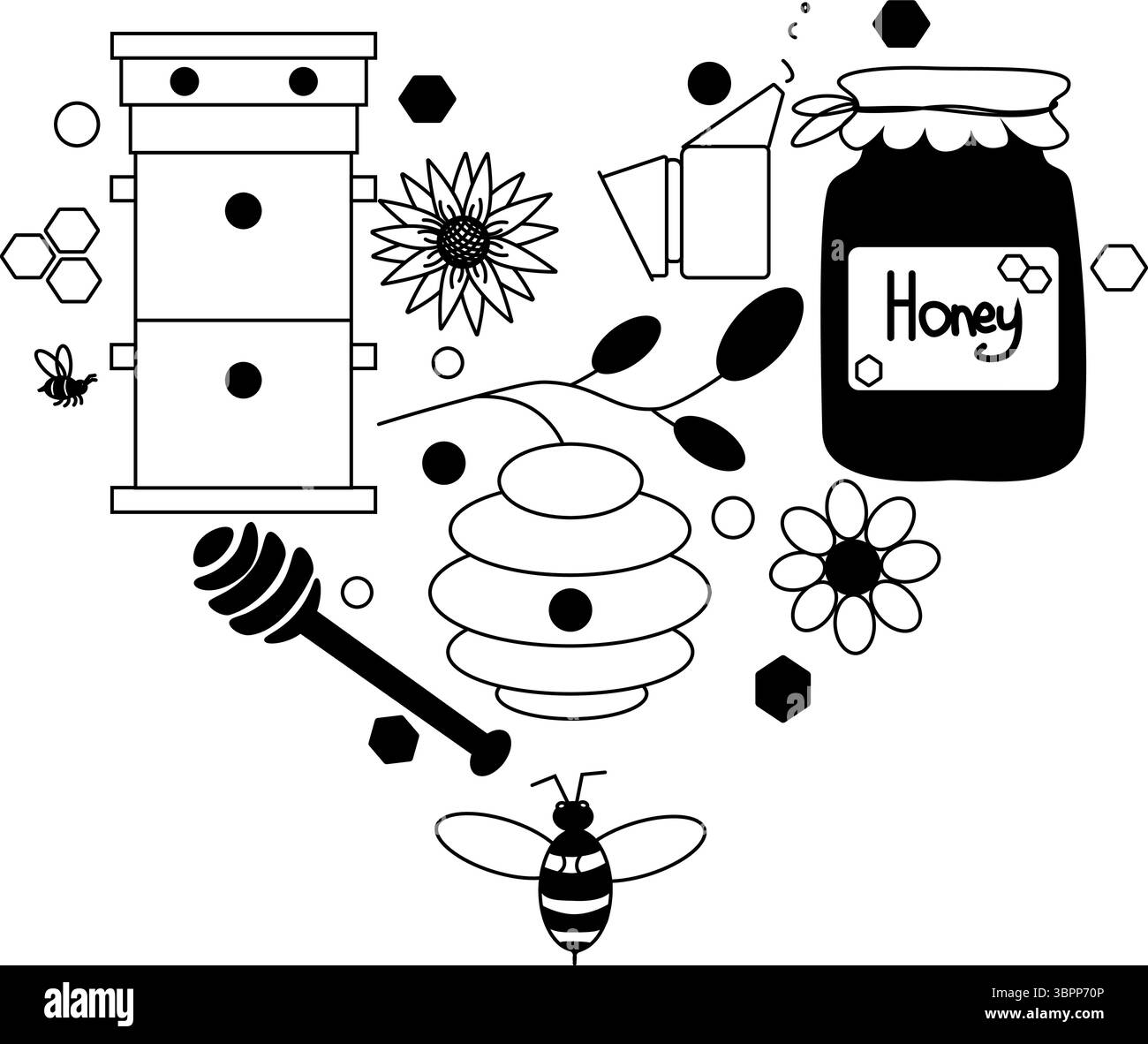Honey Design avec des pots en verre avec des aliments sucrés purs et naturels de Sugar Nectar Vector Heart Shaped composition. Illustration de ligne graphique vectorielle. te Illustration de Vecteur