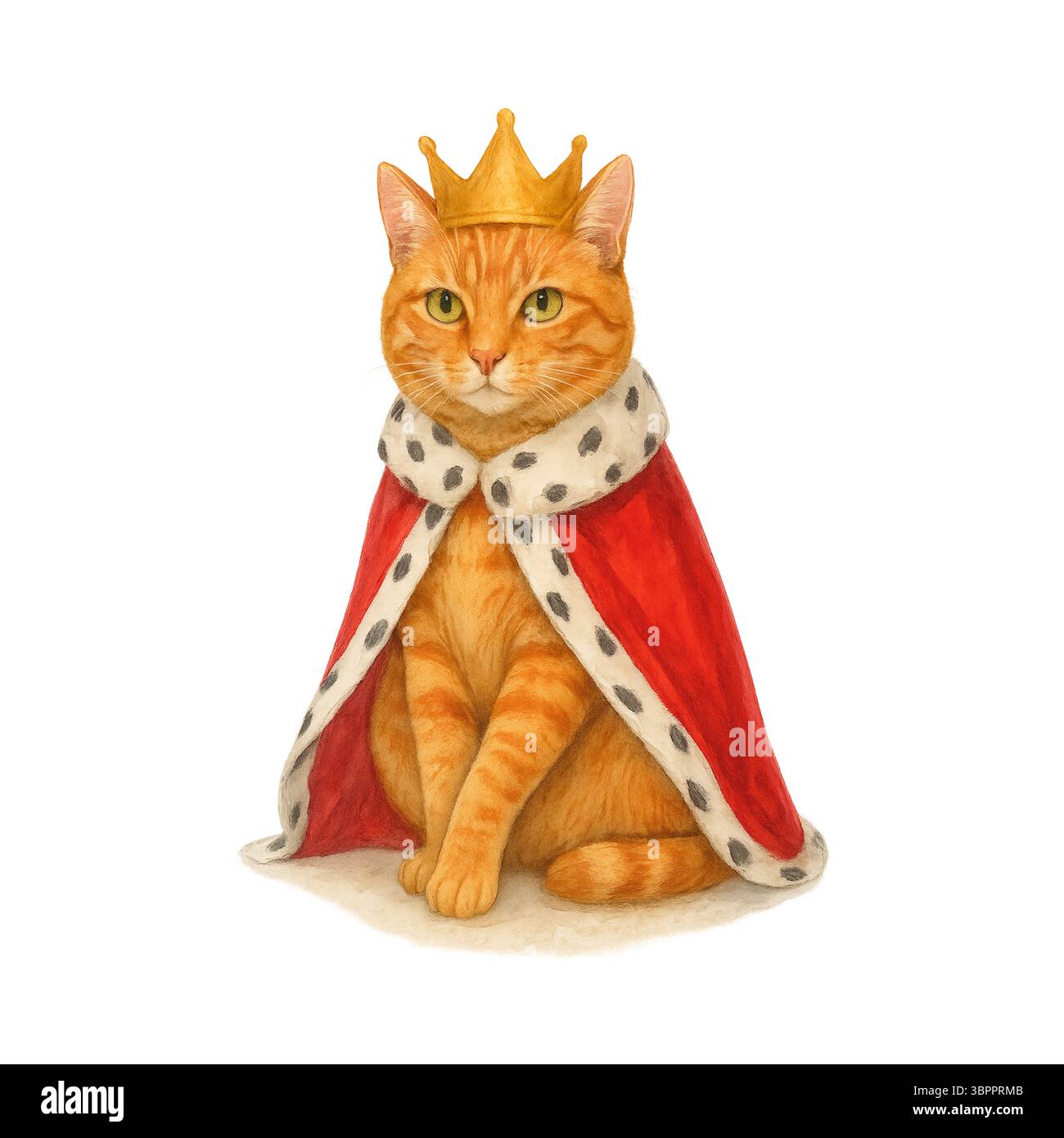 Chat royal d'Halloween avec couronne et cape rouge - illustration d'aquarelle mignonne Banque D'Images