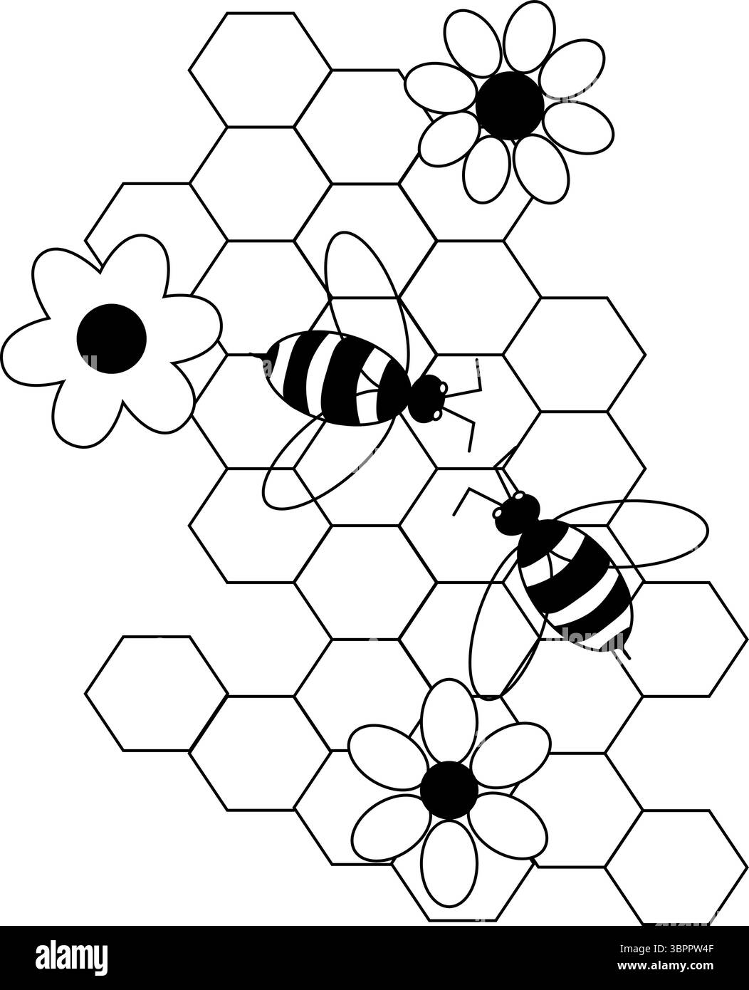 Miel set, nid d'abeilles, abeilles et composition de fleurs simples. Illustration de ligne graphique vectorielle. Composition sucrée avec des fleurs en fleurs et des abeilles qui travaillent Illustration de Vecteur