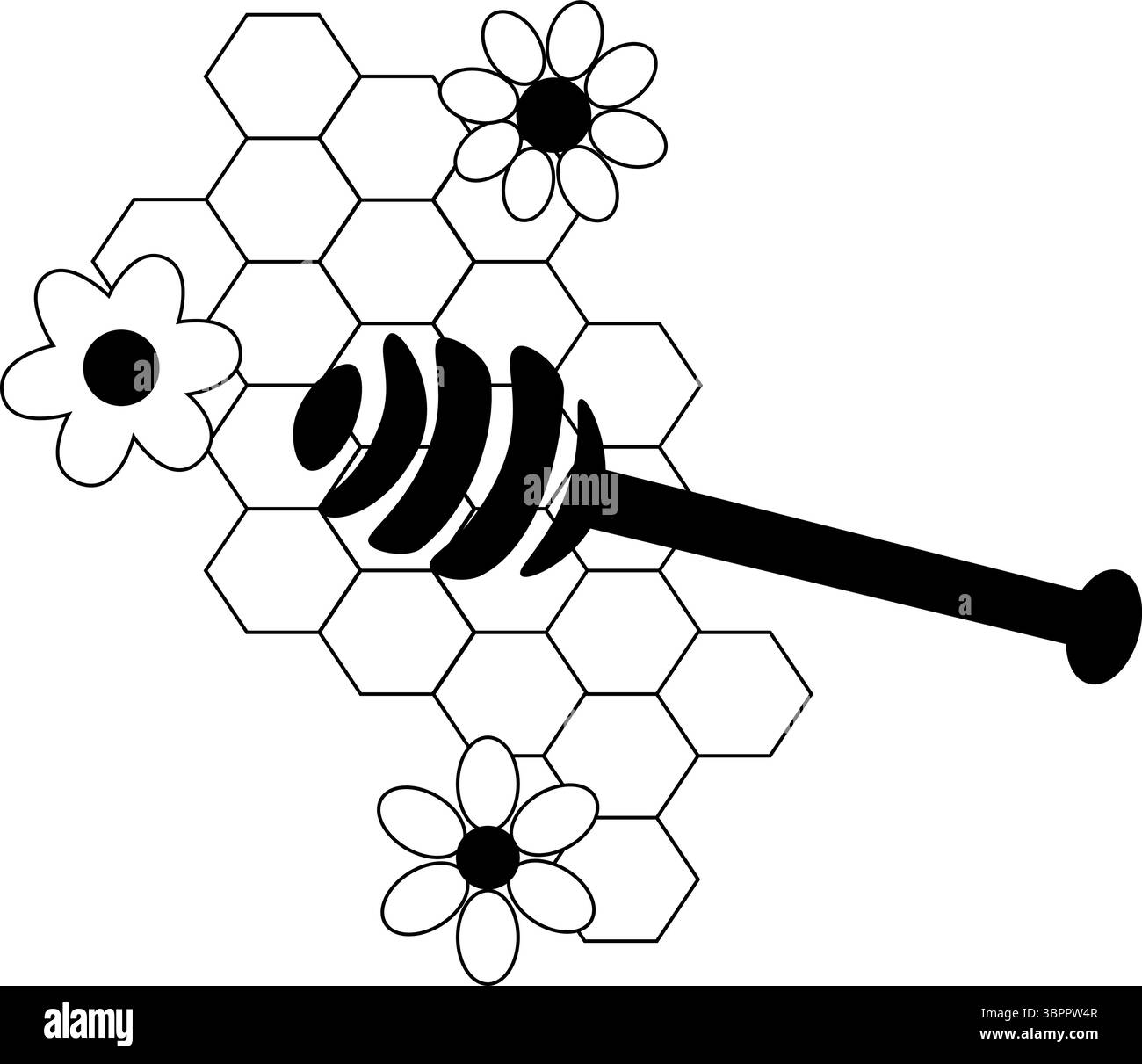 Composition en nid d'abeilles avec cuillère à miel. Illustration de ligne graphique vectorielle. Bannière, affiche, papier d'emballage, autocollant, impression, design textile moderne. Pour l Illustration de Vecteur