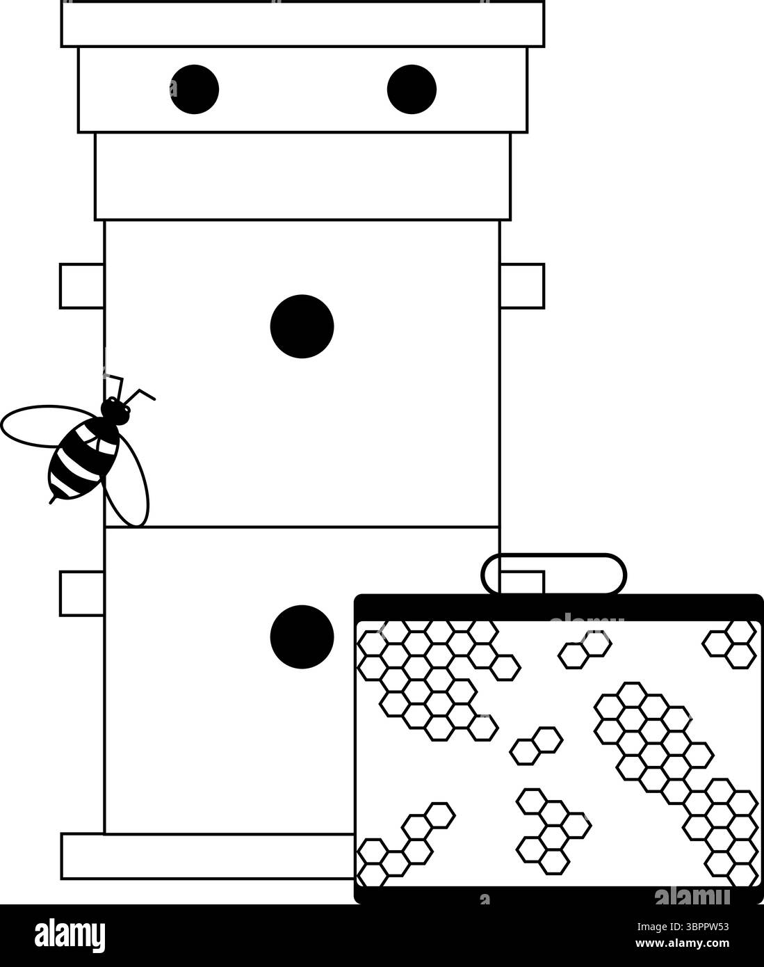 Fond de miel avec Honeycomb, Bee de travail et Honey House composition. Illustration de ligne graphique vectorielle. Pour affiche, invitation, toile de fond, annonce, vente Illustration de Vecteur