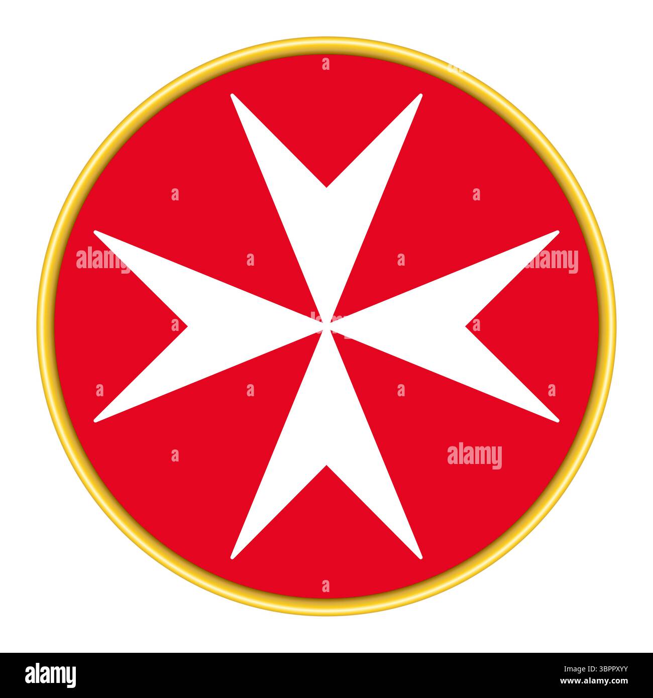 Croix maltaise blanche sur fond circulaire rouge avec bordure dorée. Symbole de croix héraldique à huit branches, utilisé par Knights Hospitaller, Knights of Malta, etc Banque D'Images