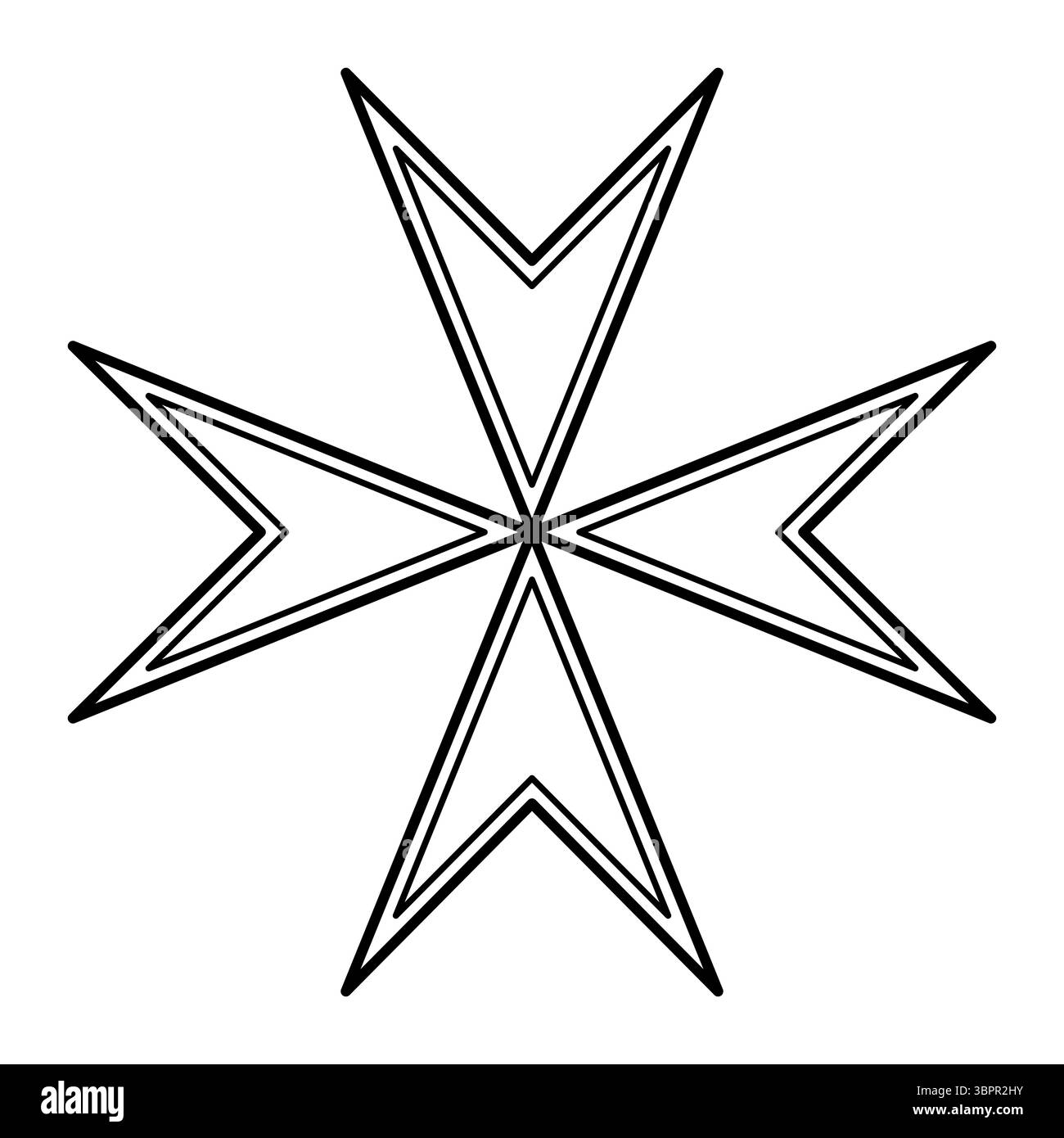 Croix maltaise, symbole de croix héraldique à 8 pointes, composée de 4 formes pointant vers l'extérieur, semblables à des pointes de flèches, disposées à angle droit autour d'un centre. Banque D'Images