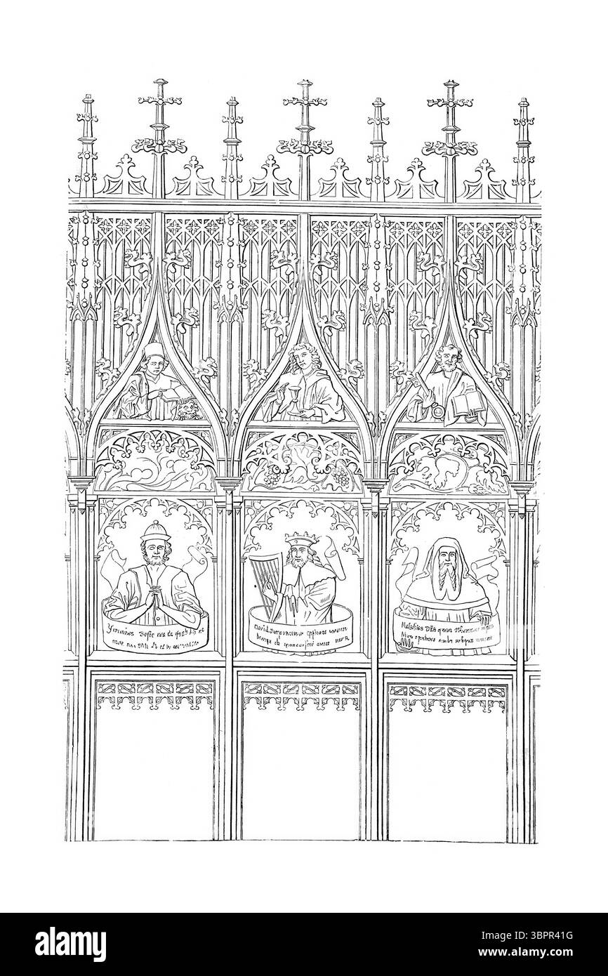 Stands de chœur de Jörg Syrlin l'ancien (vers 1470) sur le côté nord de l'Ulm Minster, également connu sous le nom d'Ulm Minster, Bade-Württemberg, Allemagne. Reproduction historique, améliorée numériquement à partir d'un original datant d'environ 1860. Banque D'Images