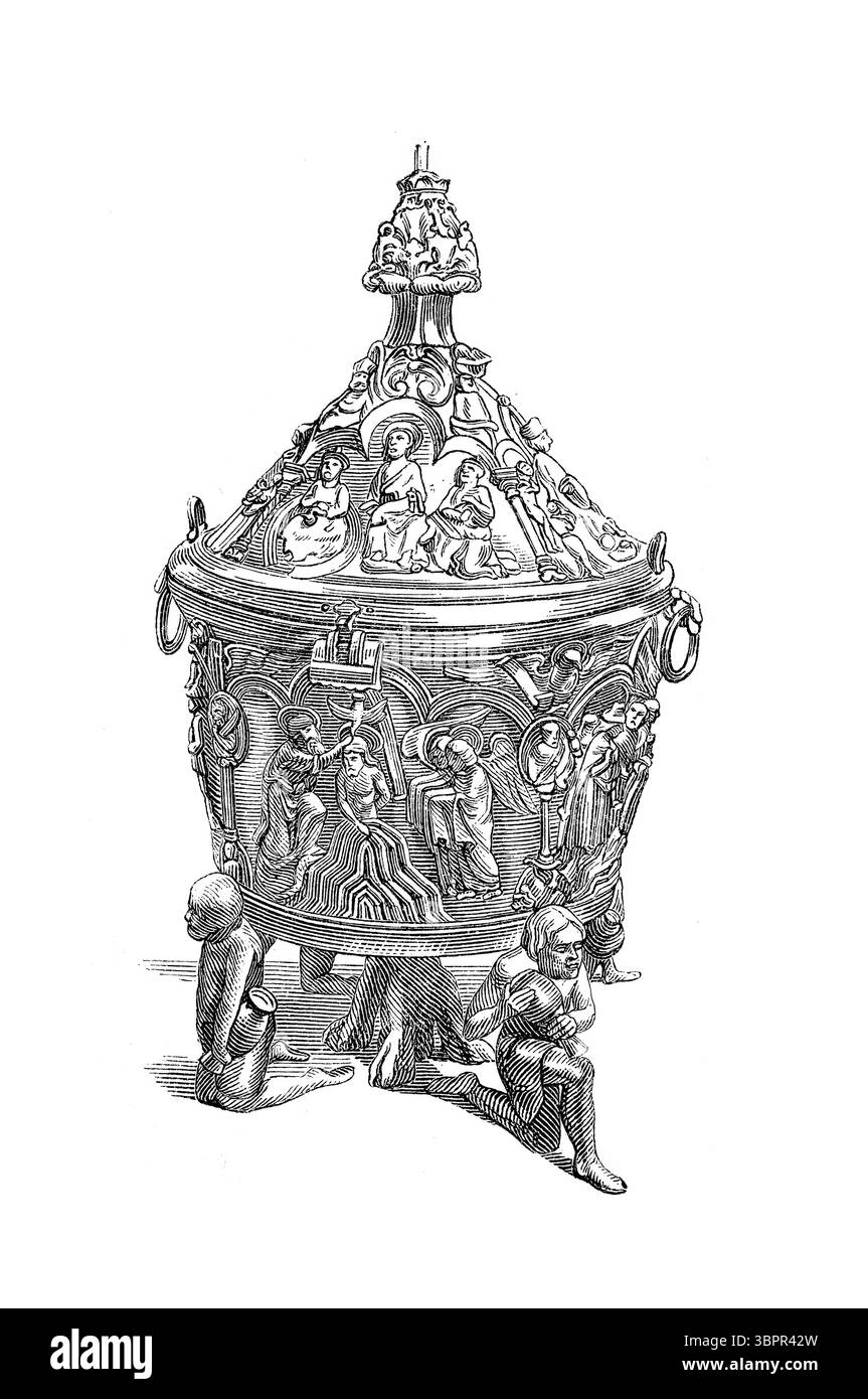 Fonts baptismaux romans tardifs dans la cathédrale de Hildesheim, un bassin couvert de sculptures, Allemagne, historique, rehaussé numériquement d'un original vers 1860 Banque D'Images