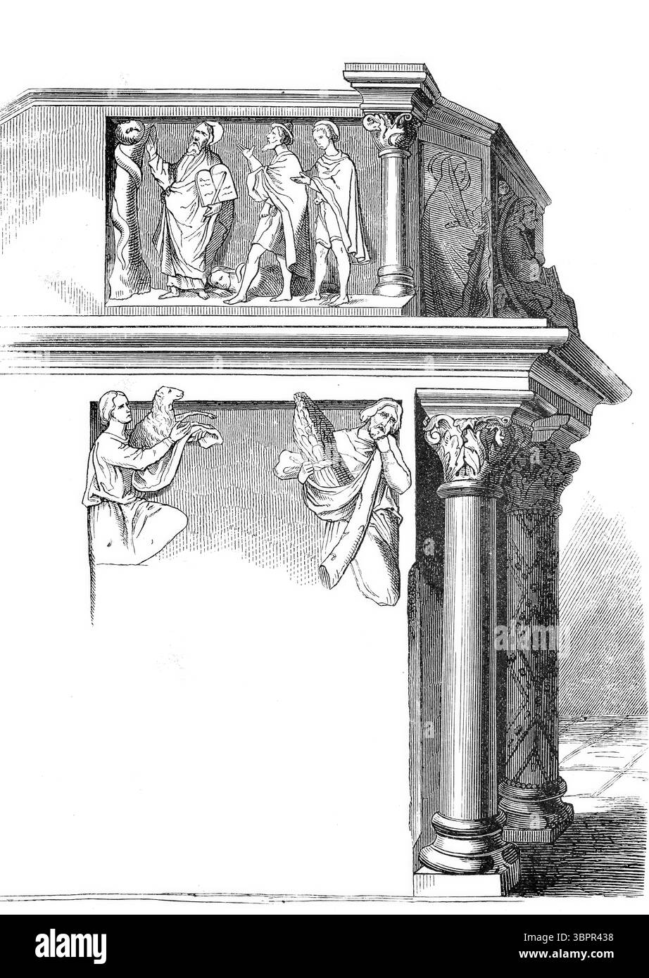 Chaire d'église romane du monastère de Wechselburg, anciennement connu sous le nom de monastère de Zschillen, un monastère bénédictin à Wechselburg en Saxe, Allemagne. Reproduction historique, améliorée numériquement à partir d'un original datant d'environ 1860. Banque D'Images