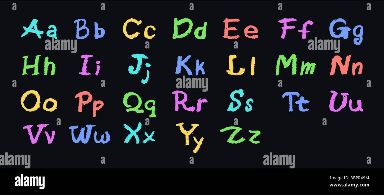 Alphabet anglais coloré dessiné à la main dans un crayon. Lettres majuscules et minuscules de style craie, pastel ou cire. Effet surligneur à bord pour Illustration de Vecteur
