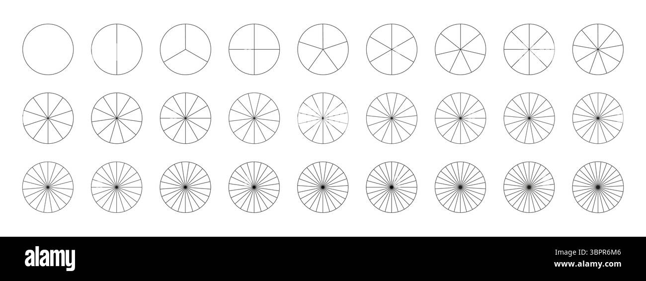 Modèle de graphique circulaire. Collection de graphiques segmentés. De nombreux secteurs divisent le cercle sur des parts égales. Délimitez les graphiques noirs. Ensemble de tableaux de pizza Illustration de Vecteur