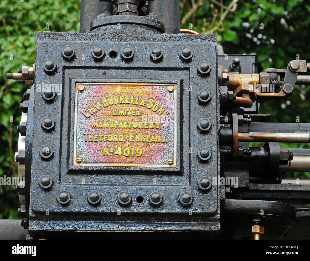 Gros plan de la plaque d'étiquette sur un moteur de traction Burrell. Banque D'Images