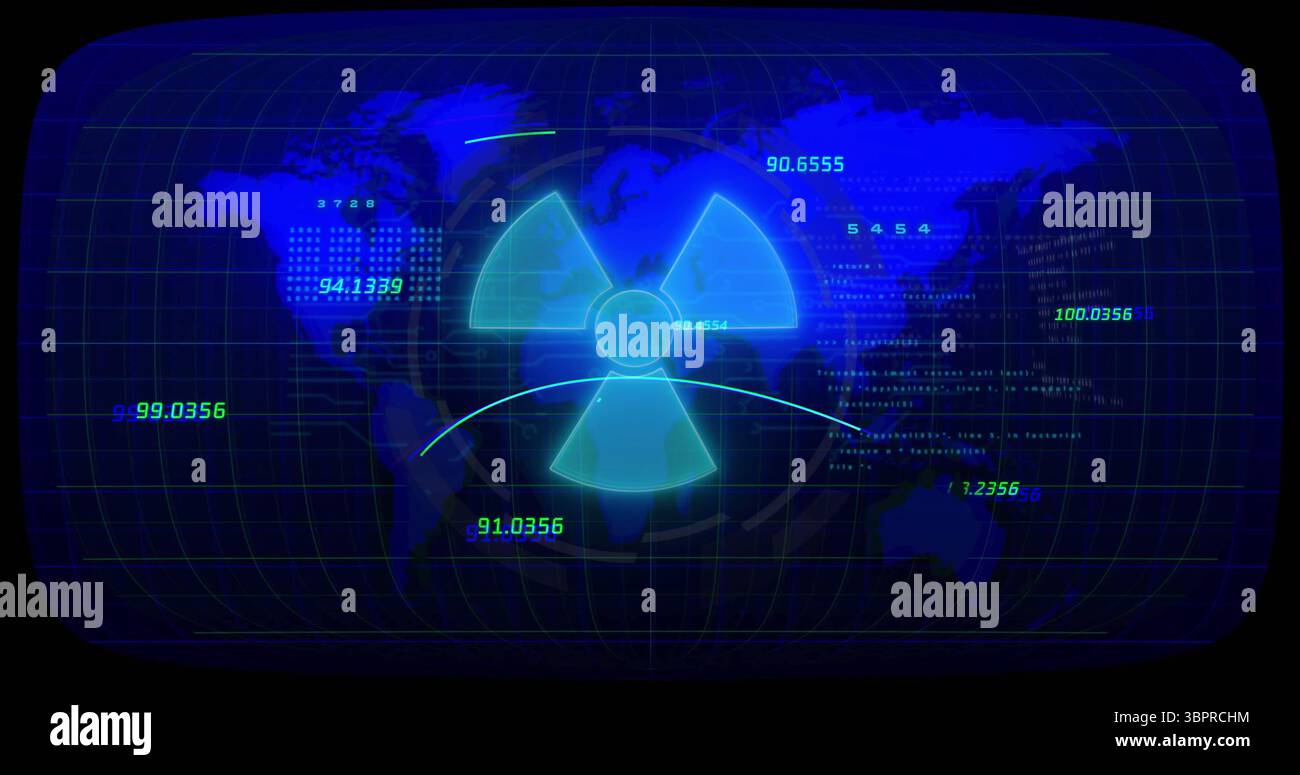 Affichage du symbole de danger de rayonnement cyan lumineux en trèfle sur un moniteur high-tech, avec affichage numérique Banque D'Images