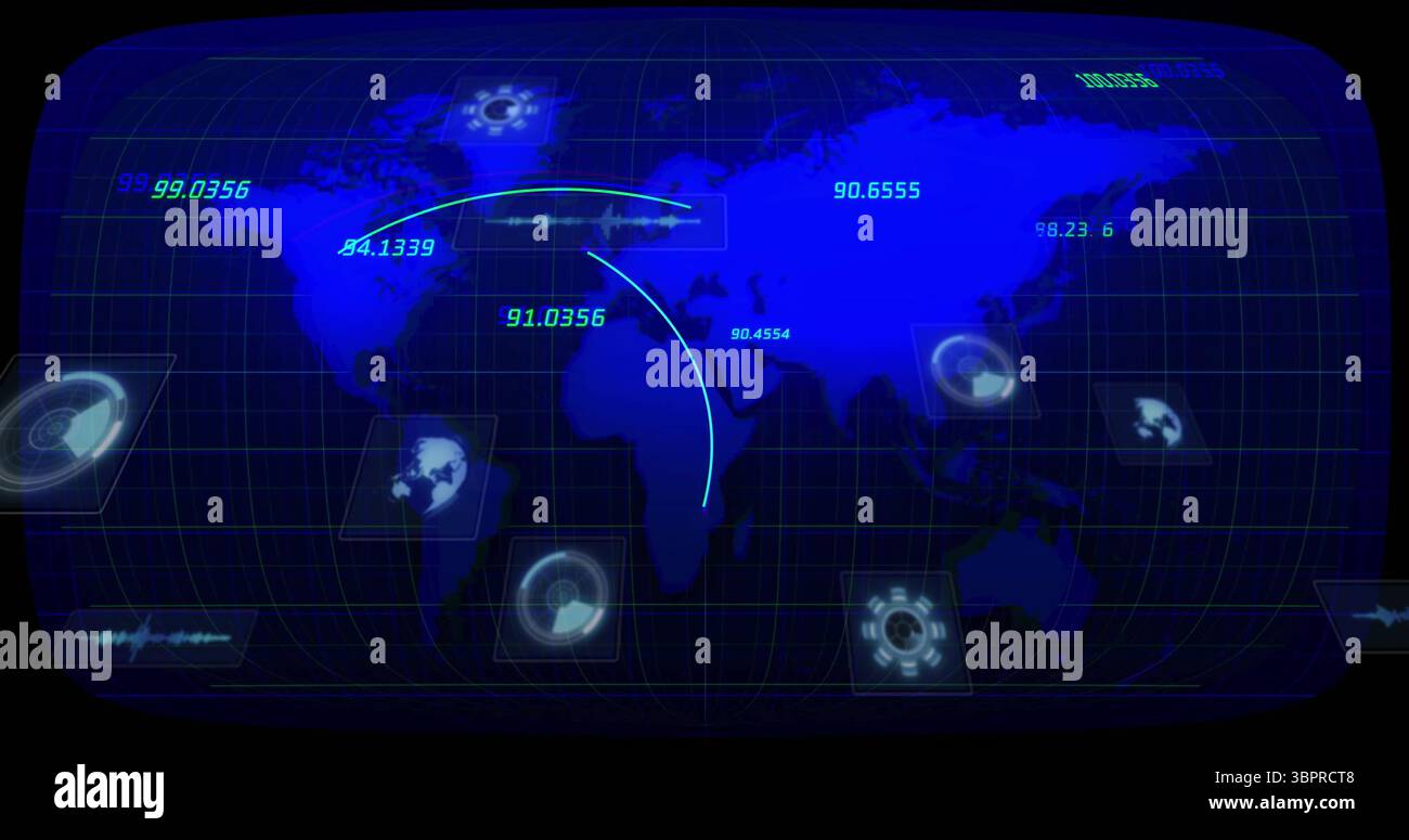 Affichage de l'interface graphique avec carte du monde, étiquettes numériques sur la grille et arcs courbes sur le tableau de bord Banque D'Images