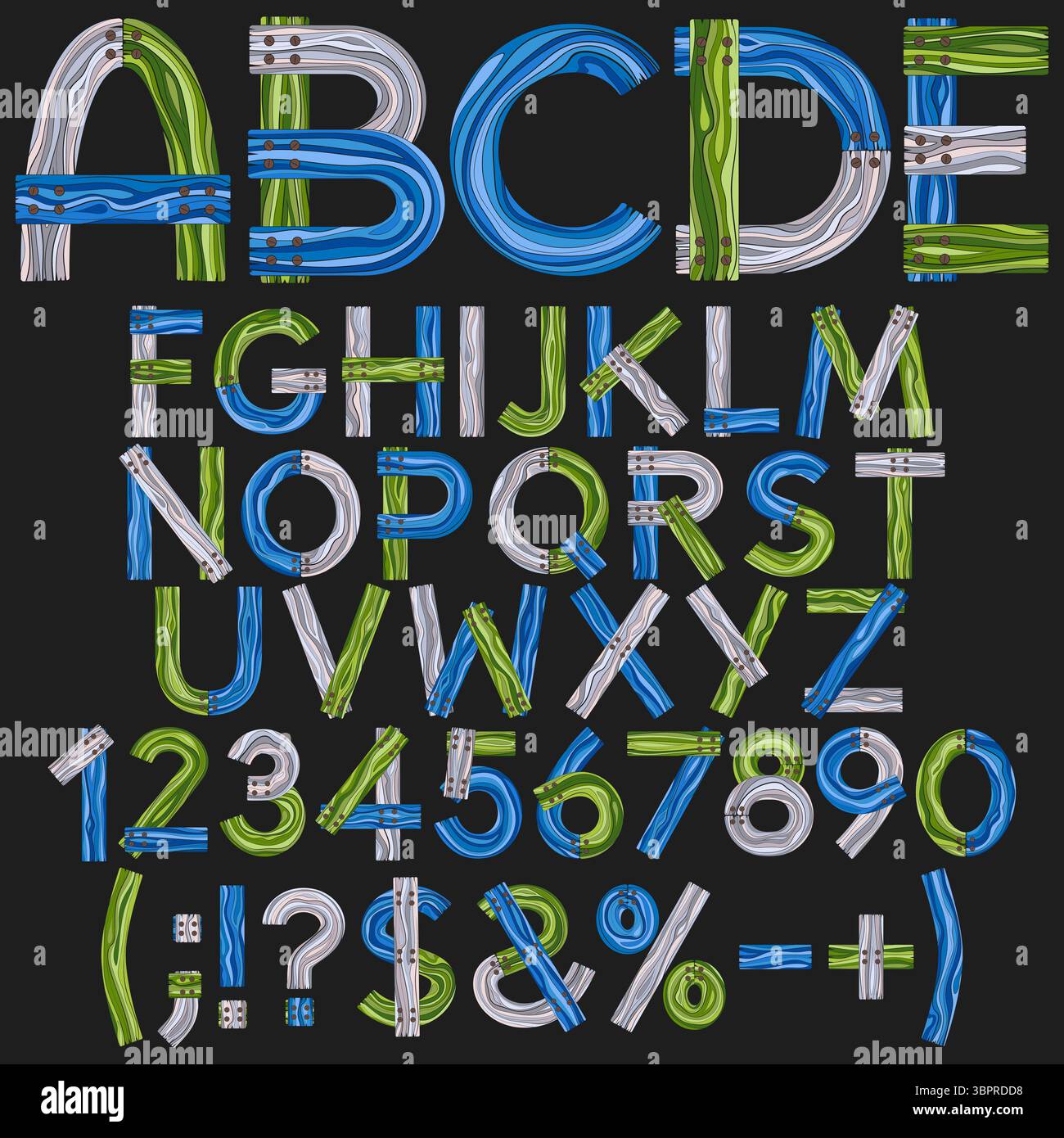 Police, alphabet de planches en bois de couleur. Objets vectoriels isolés sur fond noir. Illustration de Vecteur