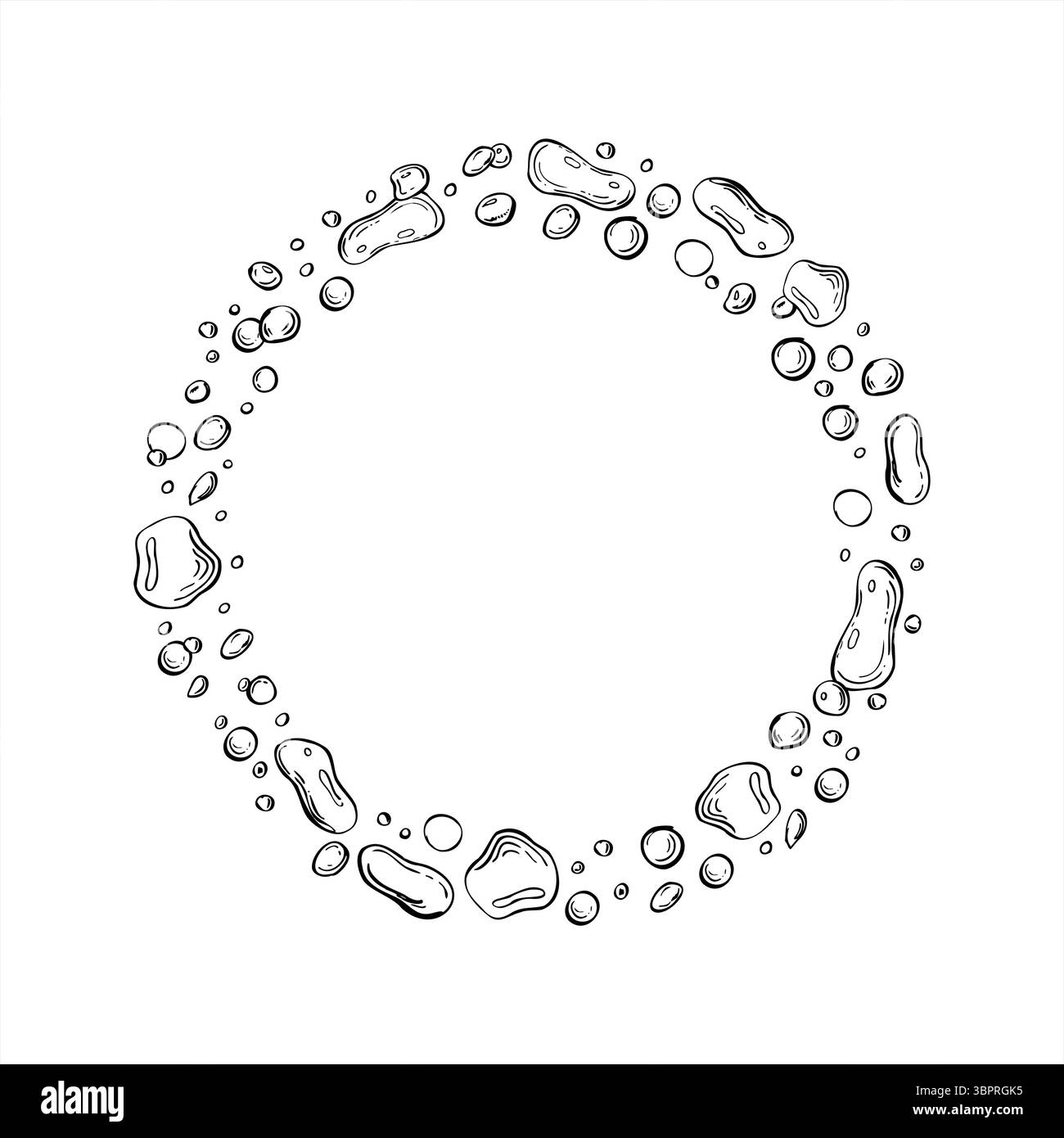 Gouttelettes d'eau abstraites monochromes en différentes tailles cadre rond avec espace vide pour le texte. Illustration vectorielle de bulles pétillantes sous-marines Illustration de Vecteur
