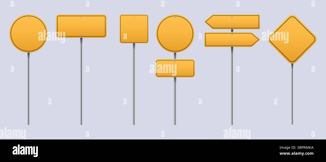 Collection de panneaux routiers jaunes réalistes. Panneaux de signalisation vides. Jeu de vecteurs de plaques de signalisation. Route de signalisation pour l'illustration de collecte de trafic de contrôle Illustration de Vecteur