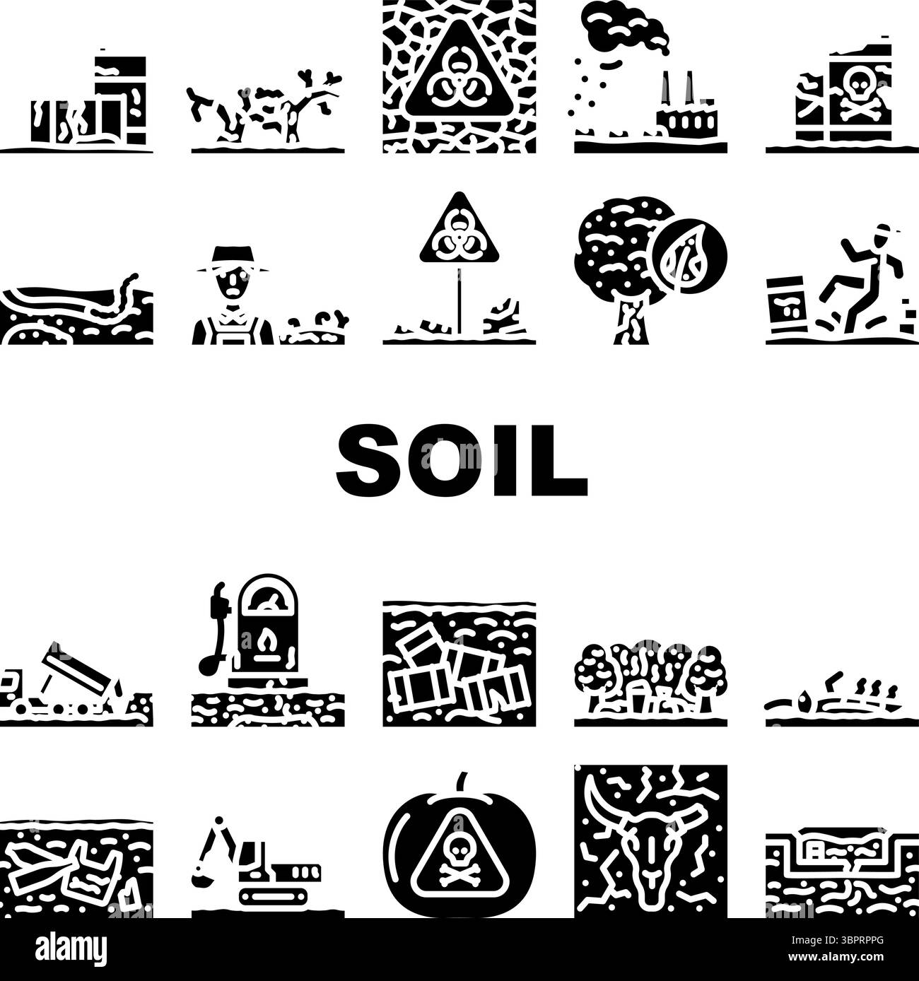 les icônes de contamination de la pollution du sol définissent le vecteur Illustration de Vecteur