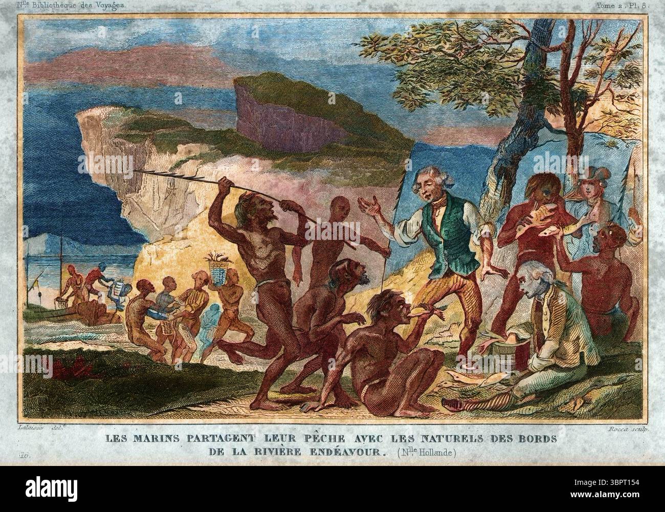 James Cook voyage : les marins partagent leur pêche avec les naturels de la rivière Endeavour New Holland Australie - gravure de : « Nouvelle Bibliothèque des voyages anciens et modernes » 1844 Banque D'Images