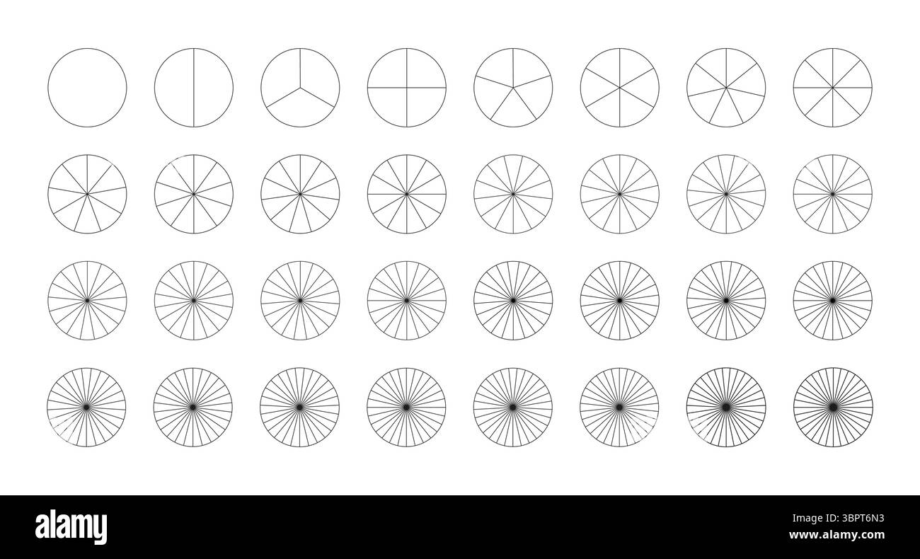 Tarte, jeu de modèles de tableaux de pizza. Graphiques segmentés de 1 à 32 collection. De nombreux secteurs divisent le cercle sur des parts égales. Contour noir Illustration de Vecteur