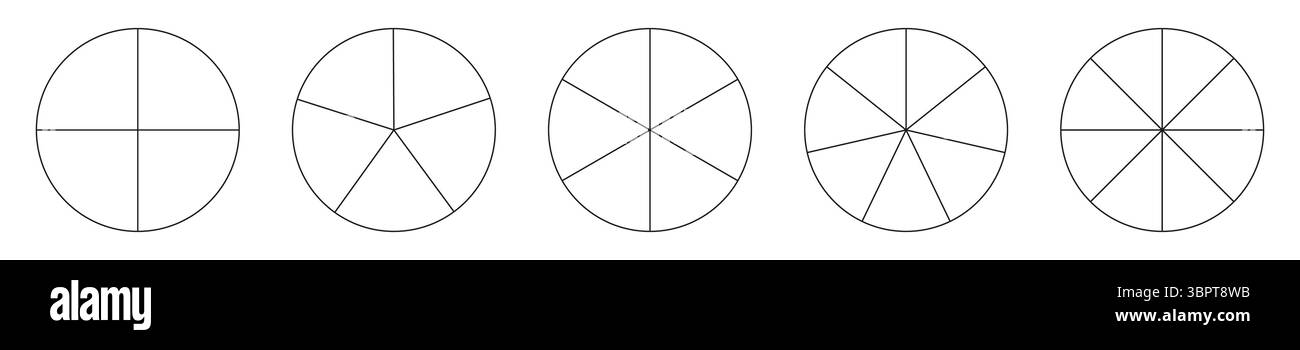Icône de coupe de segment. Modèle de graphique circulaire. Ligne de graphique de section circulaire avec infographie de 4,5,6,7,8 segments. Parties du cercle du diagramme. Elément géométrique. Illustration de Vecteur