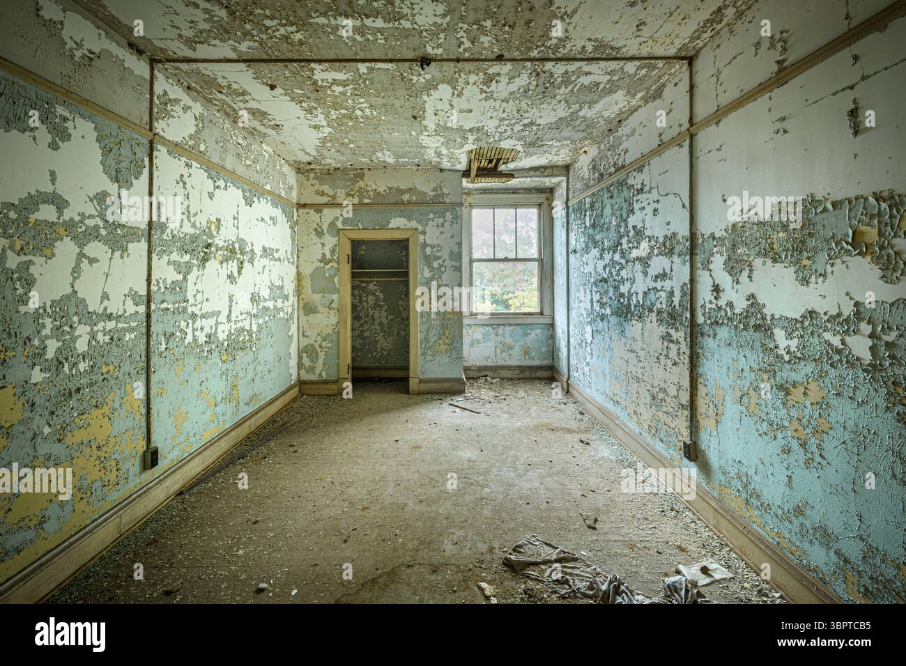 Peeling peinture à l'intérieur de la pièce de la maison abandonnée en décomposition, Indiana USA Banque D'Images