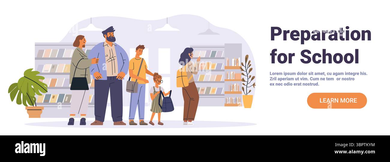 Famille retour à l'école shopping librairie parents enfants parcourant les étagères plantes bannière moderne de site Web intérieur Illustration de Vecteur