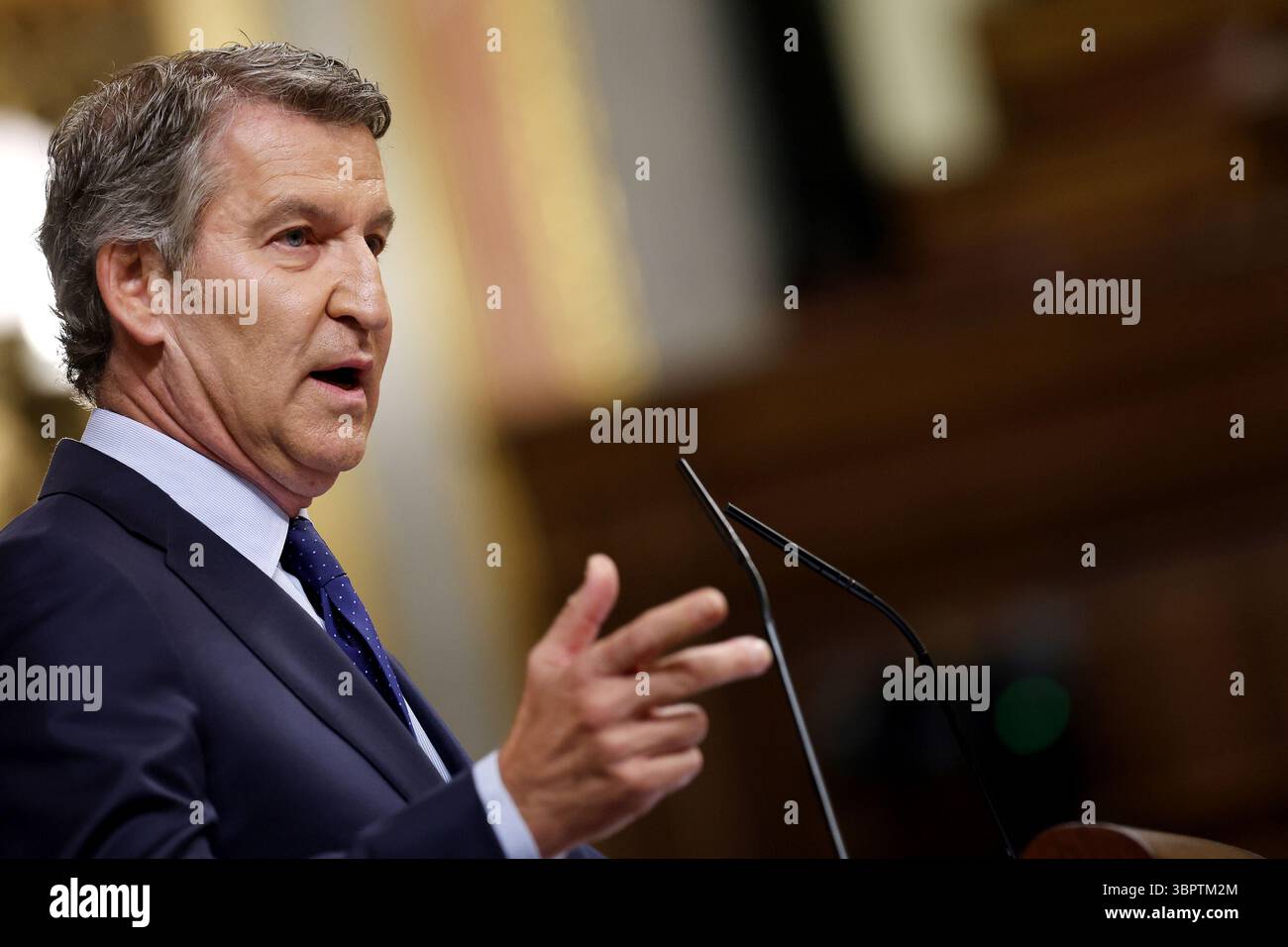 Madrid, Espagne ; 9 juillet 2025.- Alberto Nuñez Feijoo, le président du PP, Sánchez, a présenté 15 mesures de lutte contre la corruption au Congrès des députés. Le premier ministre l'a annoncé lors de sa comparution devant le Congrès des députés concernant l'affaire Cerdán. Chacun des groupes politiques participant à la Chambre a répondu, en particulier Alberto Nuñez Feijóo, leader du Parti populaire de droite (PP). Gabriel Rufian de Esquerra Republicana de Catalunya. Était un autre orateur éminent qui a réussi à faire taire les membres du PP qui interrompaient les orateurs avec des cris. Santiago Abascal, Banque D'Images