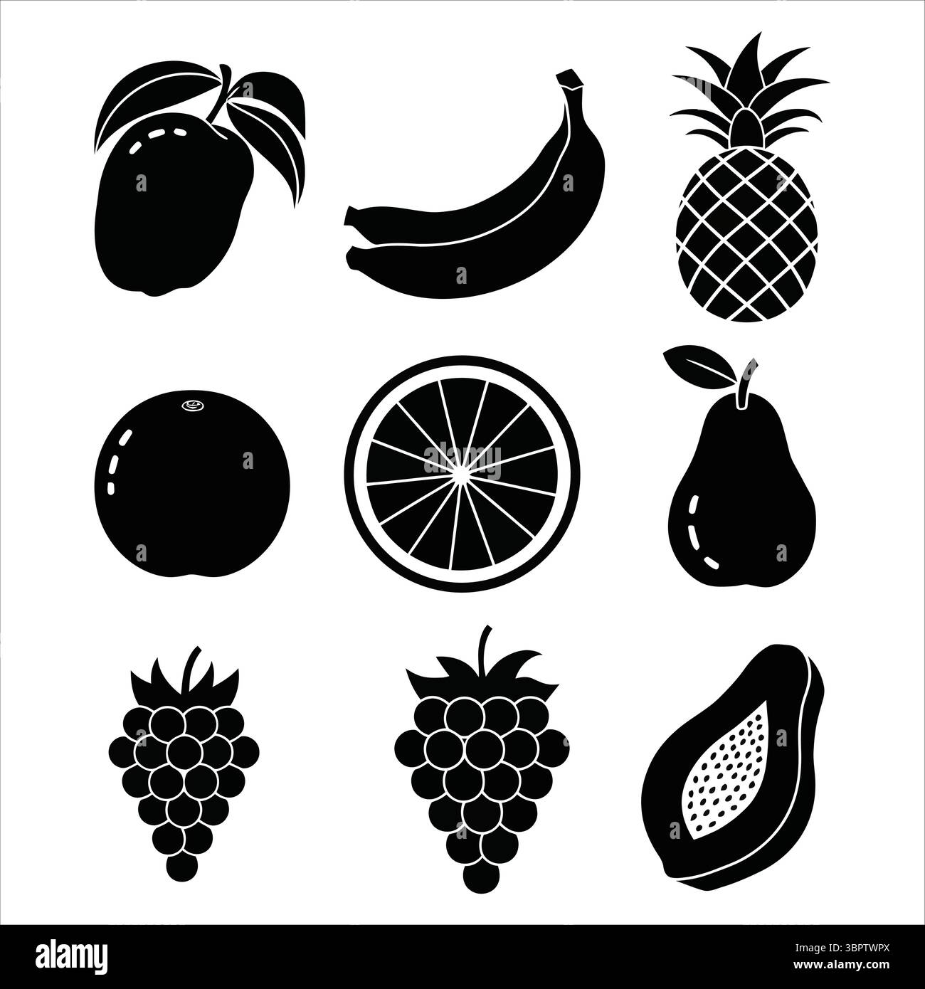 Icônes de fruits noirs mangue banane ananas orange poire raisins papaye vecteur Illustration de Vecteur