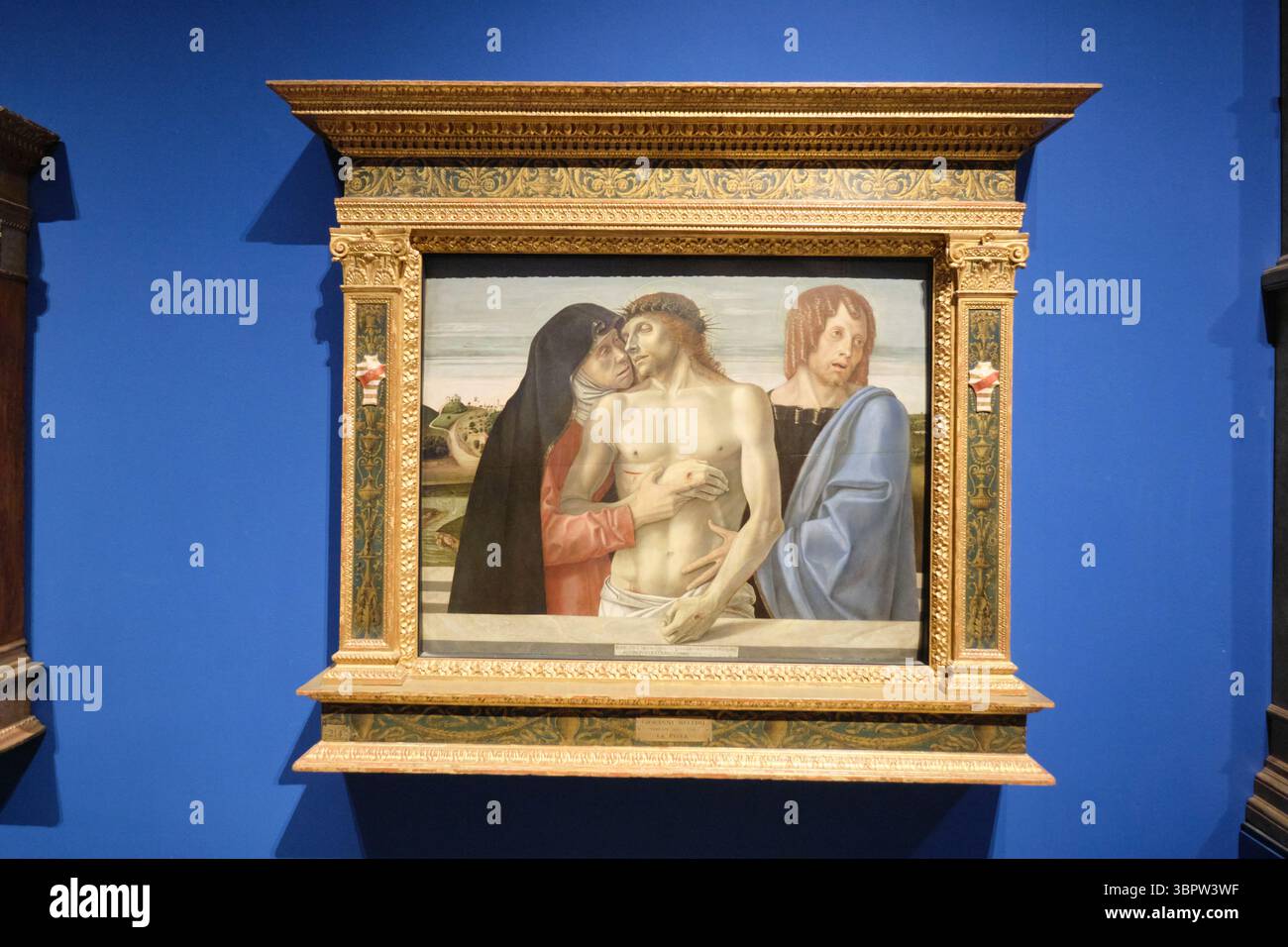 Christ mort avec Vierge Marie Pieta peinture de vieux maître par Giovanni Bellini. Au musée d'art Pinacoteca di Brera à Milan, Italie. Banque D'Images